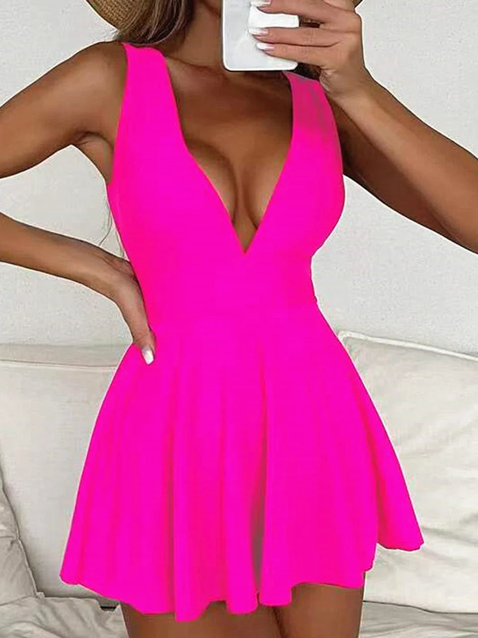 Sexy Deep V Neck One Piece Swimsuit for Women - Backless Solid Color Bathing Suit with Skirt Summer Beachwear | Perfect for Pool Party, Vacation & Swim Fitness