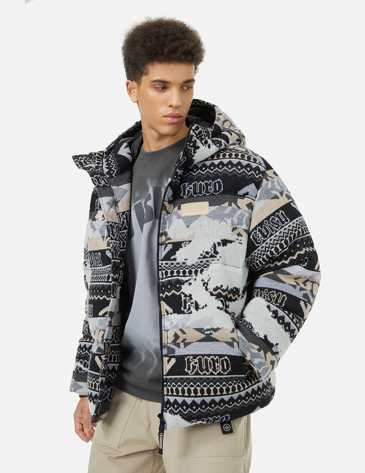 Premium Allover Kamon Intarsia Oversized Down Jacket - Warm Winter Coat for Women | Perfect for Cold Weather, Outdoor Activities & Fashion Layering