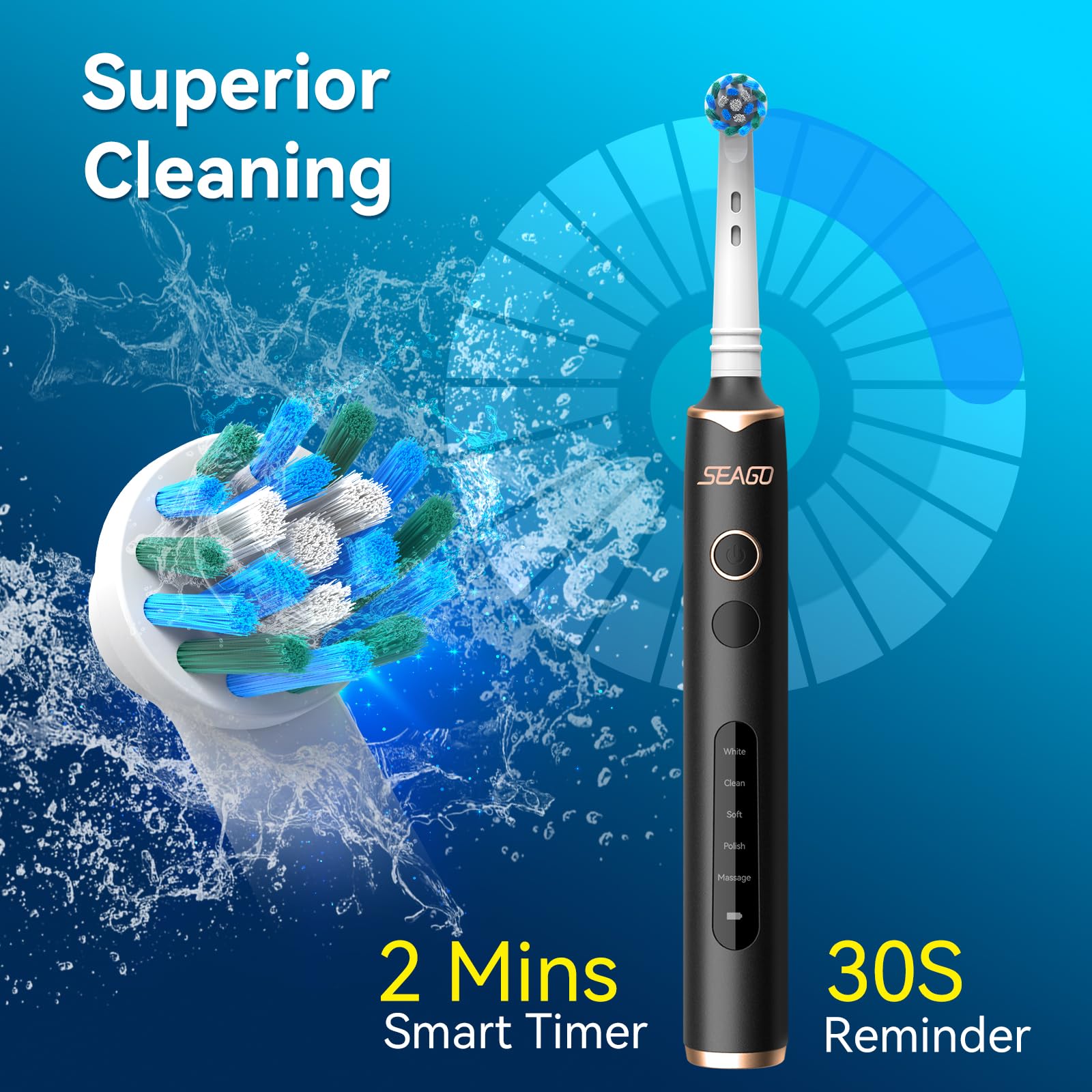 SEAGO Sonic Electric Toothbrush with 8 Replacement Brush Heads - 5 Cleaning Modes, Teeth Whitening in 14 Days, Waterproof Design for Adults & Kids (Blue, Model SG-2603) - Perfect for Home, Travel & Daily Oral Care