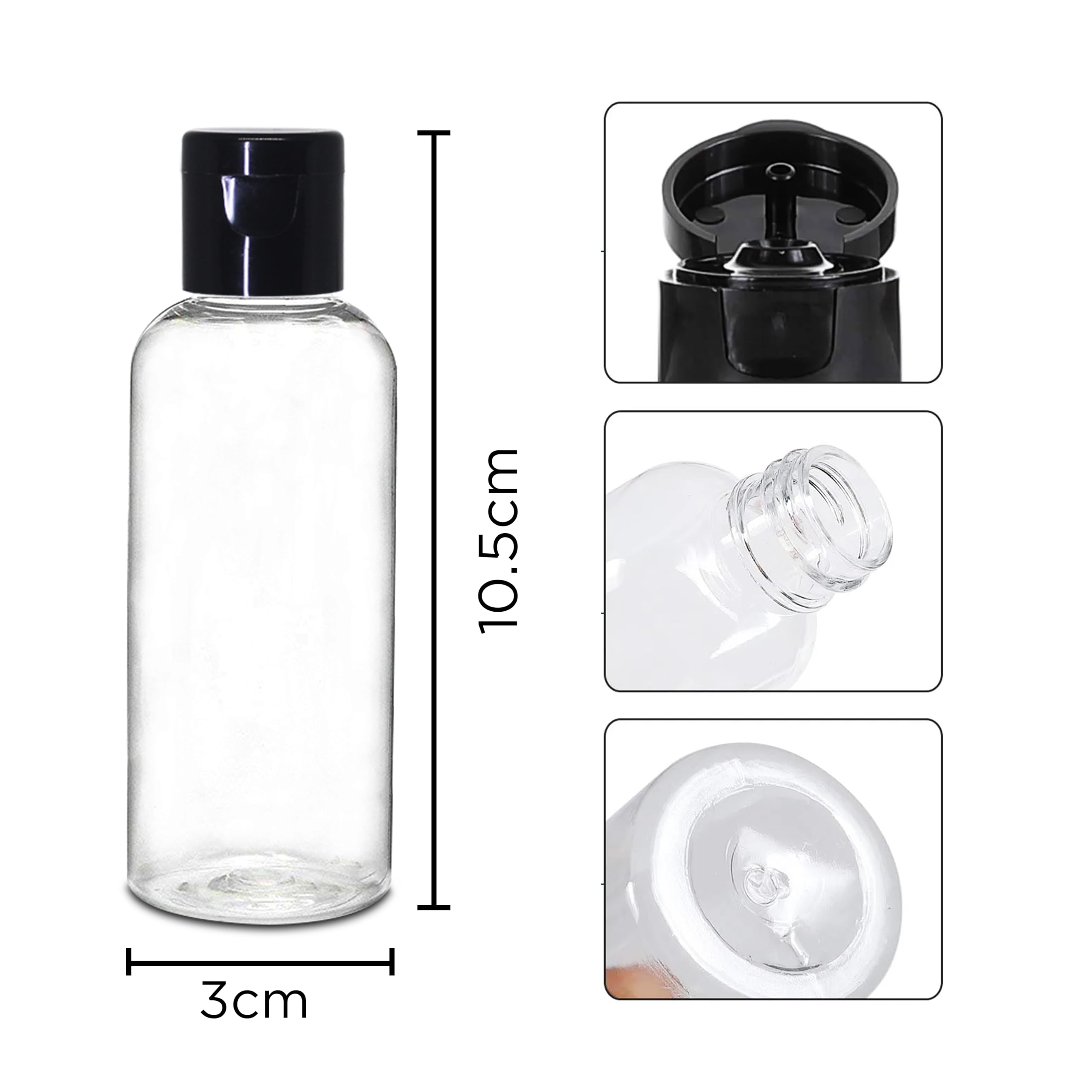 NSB Herbals 50ml Empty Clear Plastic Refillable Travel Bottles - Small Squeeze Cosmetic Containers with Black Flip Cap for Toiletries, Shampoo, Lotion & Cream - Perfect for Travel, Gym & Home Organization (Pack of 3)