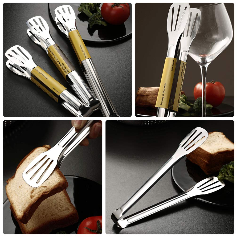 3-Piece Stainless Steel BBQ Tongs Set - Food Grade Safe Metal Cooking Tongs for Grilling, Baking, Steak, Toast & Bread - Perfect for Outdoor Barbecue, Kitchen & Camping Use