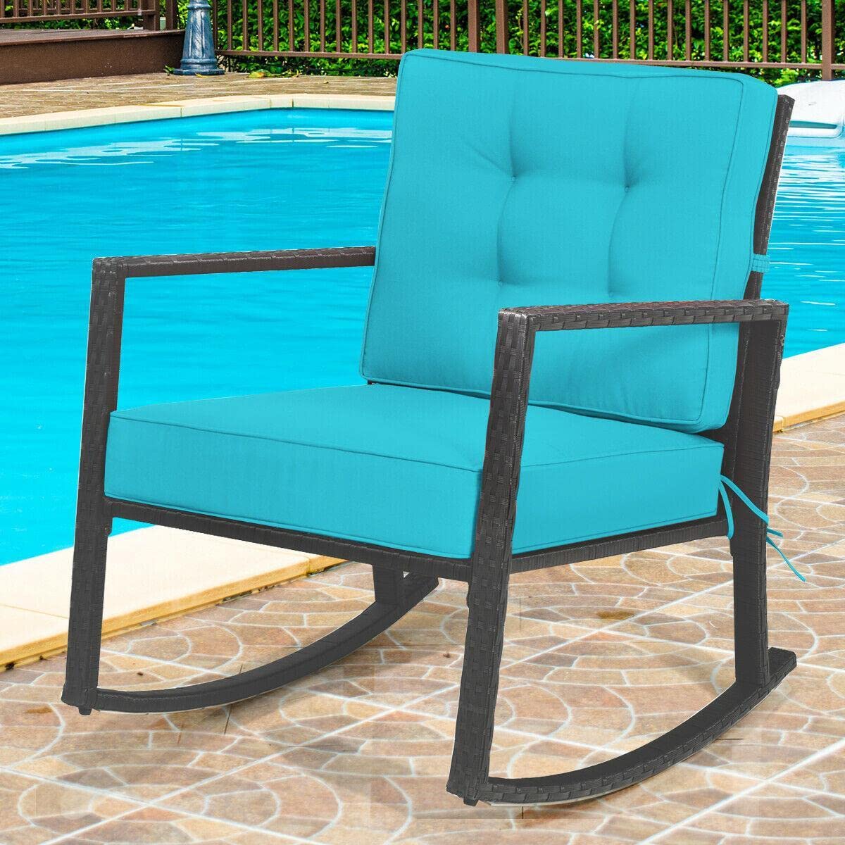 **Outdoor Rattan Rocking Chair with Turquoise Cushion - Patio Glider Wicker Rocker for Garden, Porch, or Camping - Comfortable Mikalo Chair for Relaxing & Lounging**