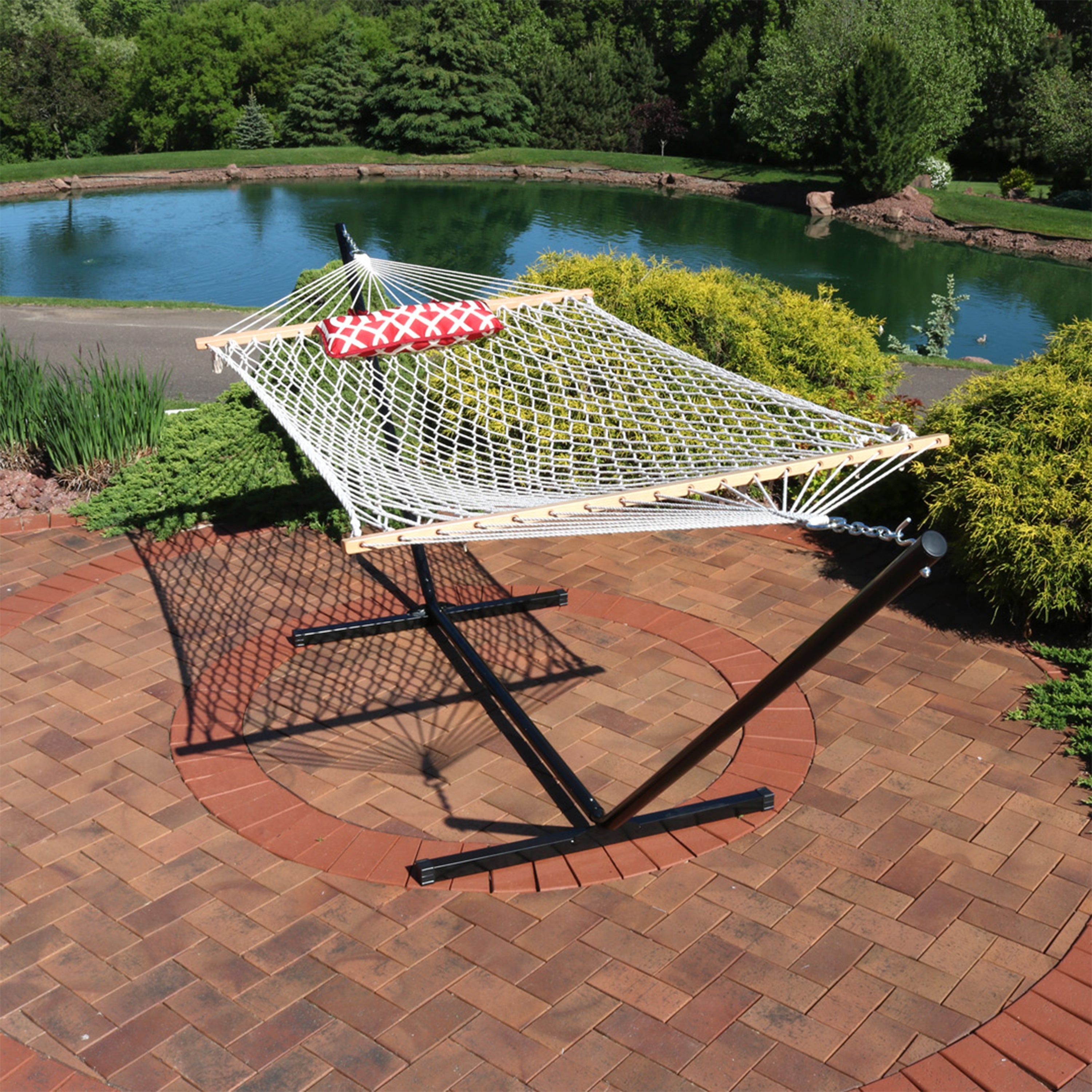 Premium Sunnydaze Rope Hammock with 12-Foot Steel Stand, Comfortable Pad & Pillow - Perfect for Backyard Relaxation, Beach Lounging & Outdoor Camping