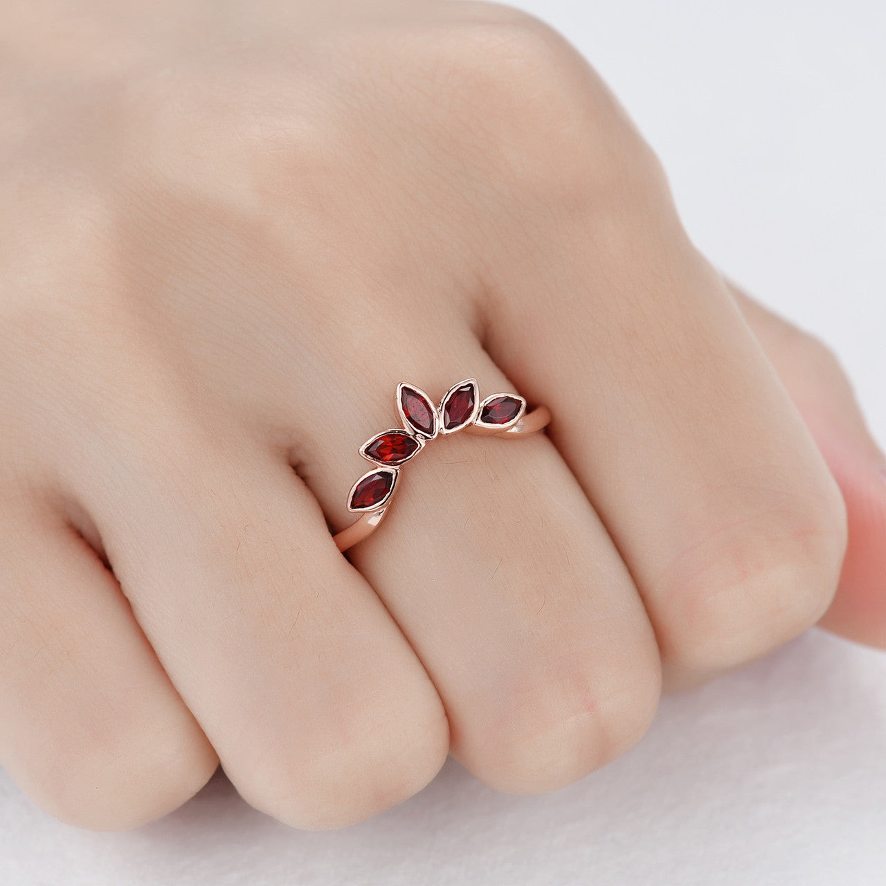 Rose Gold Marquise Shaped Garnet Wedding Band - Curved Matching Engagement Ring for Women, Perfect for Bridal Sets, Anniversary Gifts & Romantic Occasions