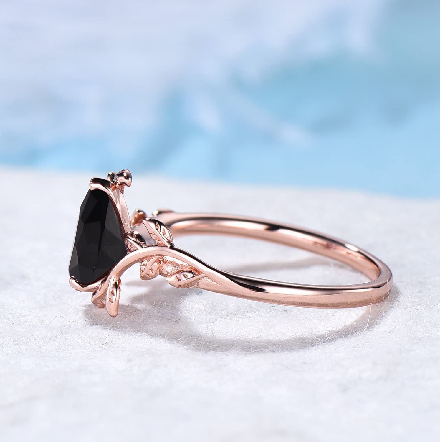 925 Sterling Silver Vintage Leaf Engagement Ring with Natural Pear Cut Black Onyx Stone – Elegant Wedding Band & Birthday Gift for Her | Perfect for Proposals, Anniversaries, and Special Occasions