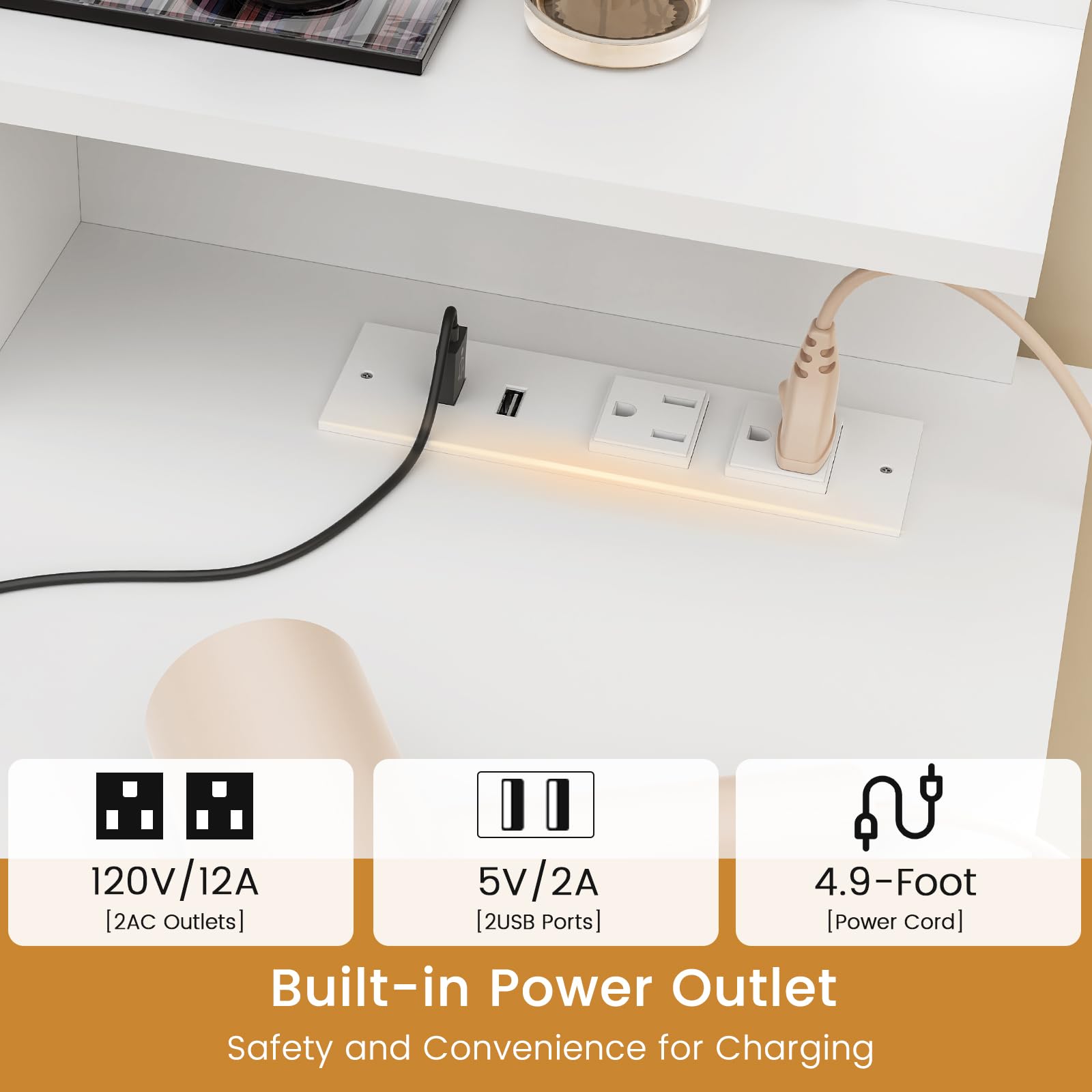 Quimoo 10-Light Makeup Vanity Desk with LED Mirror, 4 Drawers & USB Charging Station - White Vanity Set with Cushioned Stool for Bedroom, Dressing Room & Beauty Salon