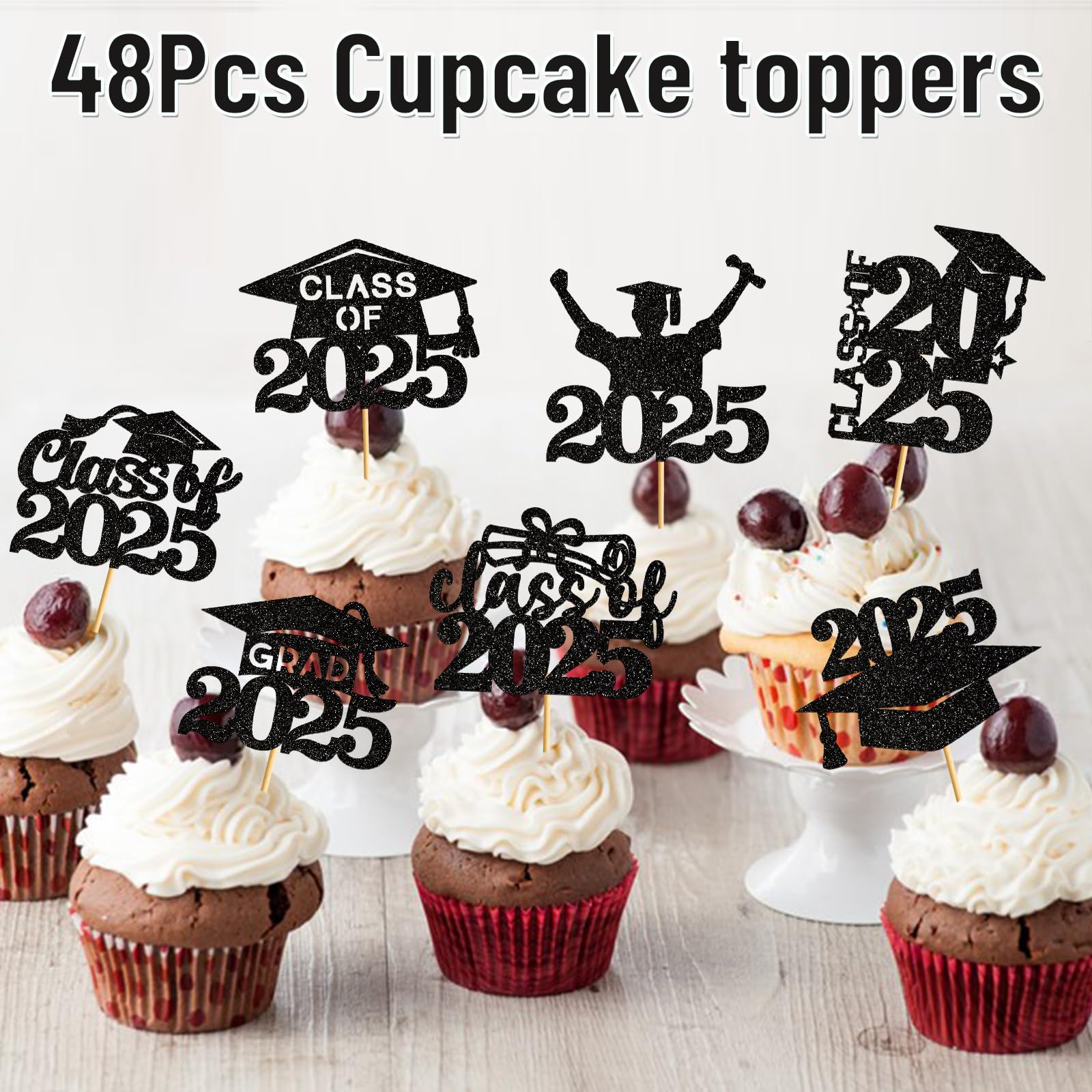 2025 Graduation Cupcake Toppers - Class of 2025 Cupcake Picks & Party Decorations (Black) | Perfect for Graduation Parties, School Celebrations & Dessert Decorations