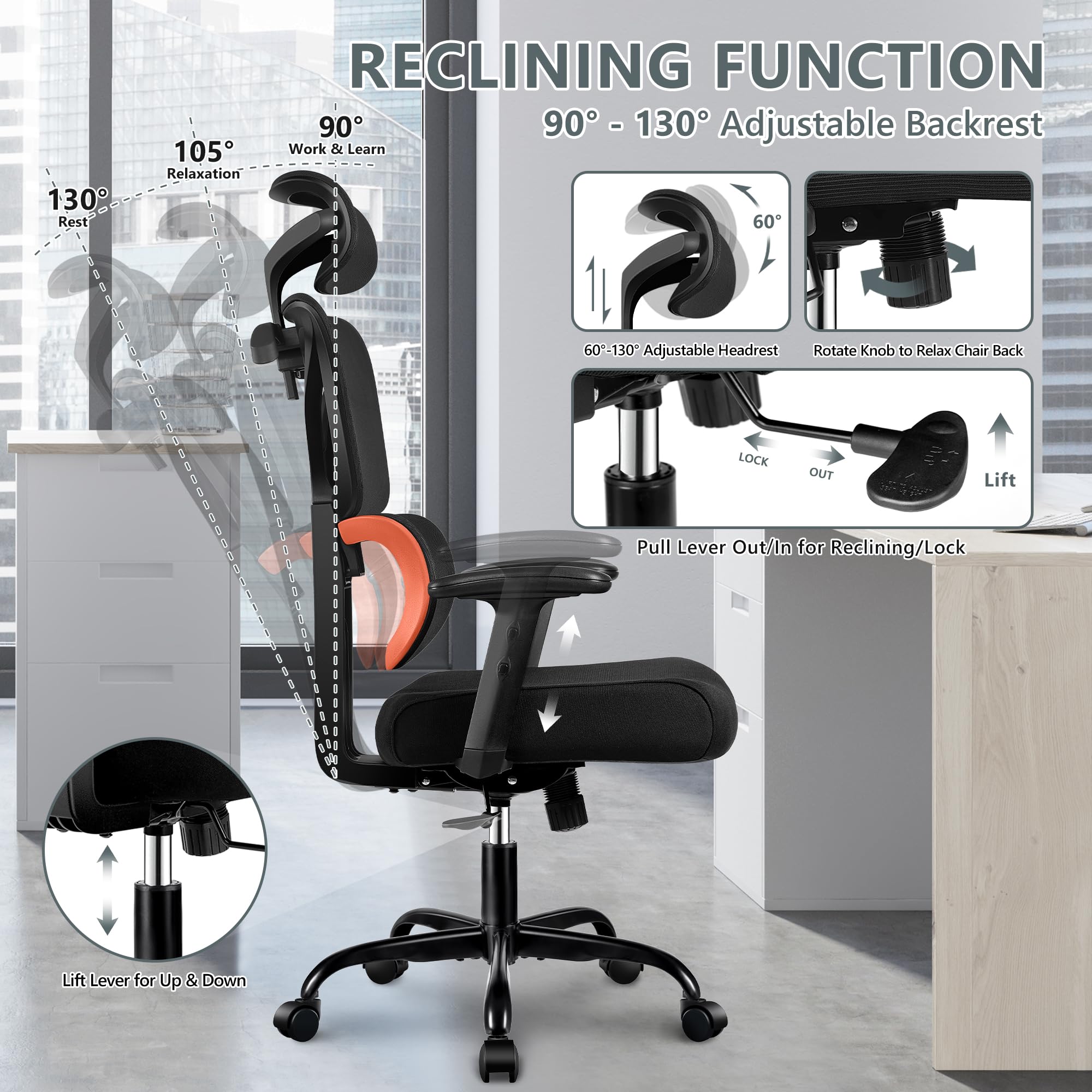 Ergonomic High Back Office Desk Chair - Reclining Gaming Chair with Breathable Mesh, Adjustable Lumbar Support & Armrests for Big and Tall Users (Orange) - Perfect for Home Office, Gaming & Workspaces