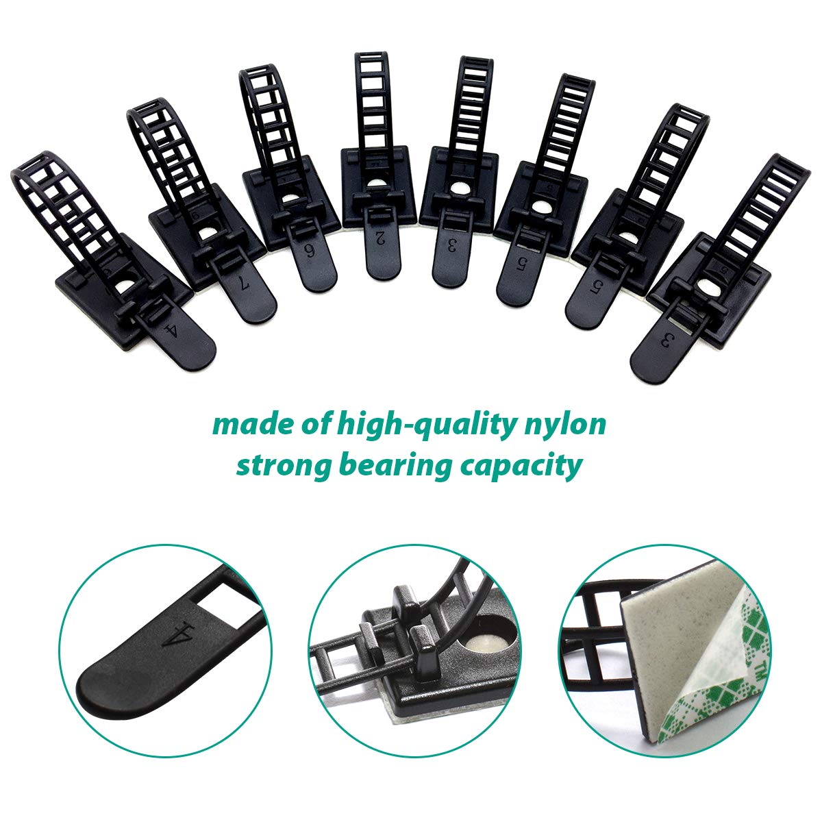 50-Pack Cable Management Kit - Self-Adhesive Cord Clips, Reusable Zip Ties & Wire Organizers for Desk, Home & Office Cable Organization (Black) - Perfect for Computer, TV, Router & Electronics Wire Management