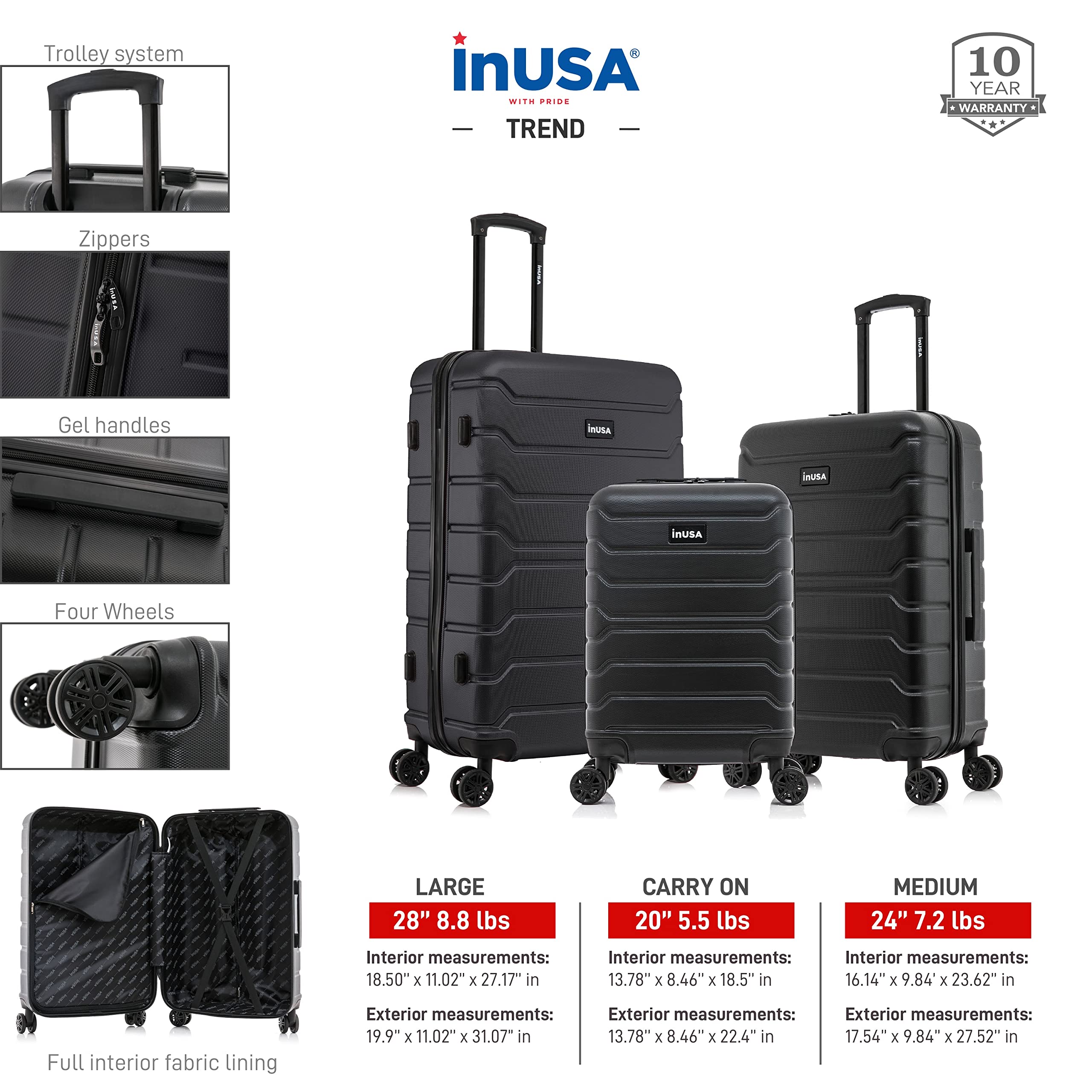 InUSA TREND 3-Piece Spinner Luggage Set - 20in, 24in & 28in Lightweight Hardshell Suitcases with 360° Wheels & Telescopic Handle for Air Travel, Business Trips & Family Vacations | Durable Black Carry-On & Checked Bags