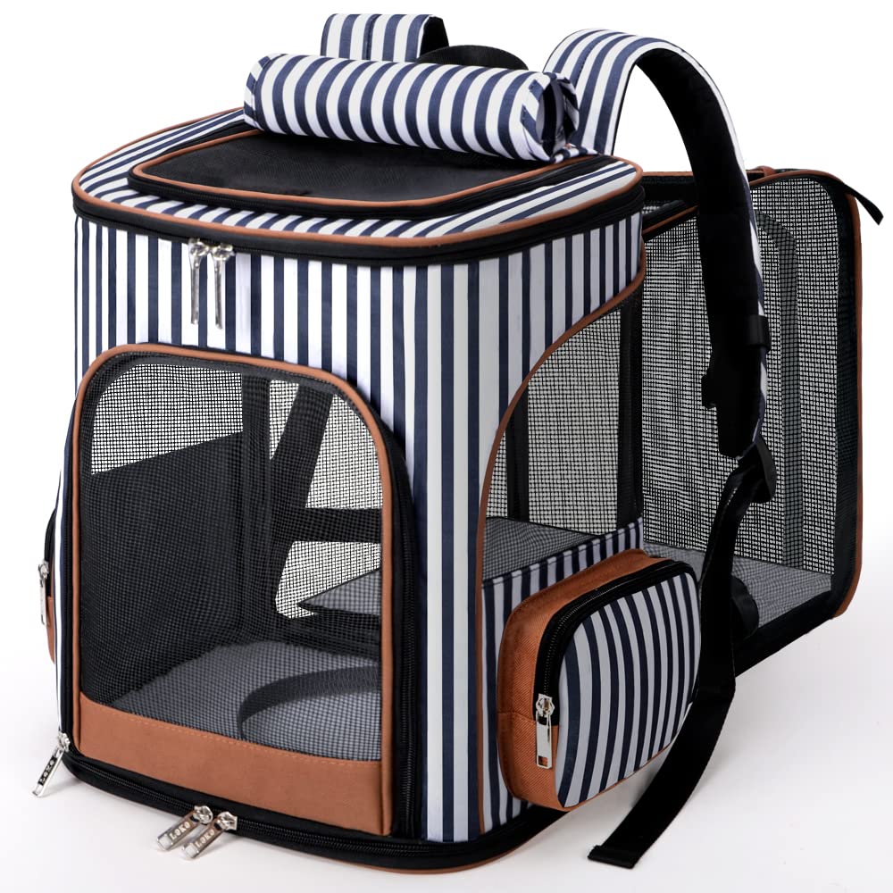 Expandable Cat & Dog Backpack Carrier - Foldable Pet Travel Backpack with Safety Leash for Small Pets | Airplane Approved, Hiking, Outdoor Adventures (Black)