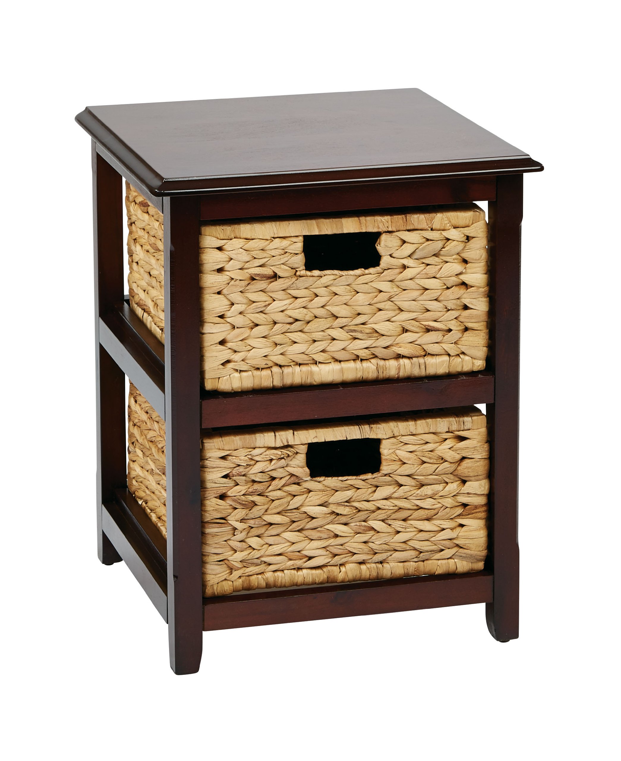 OSP Home Furnishings Seabrook 2-Drawer Storage Tower with Solid Wood Frame & Natural Woven Baskets - Espresso Finish for Bedroom, Living Room or Office Organization