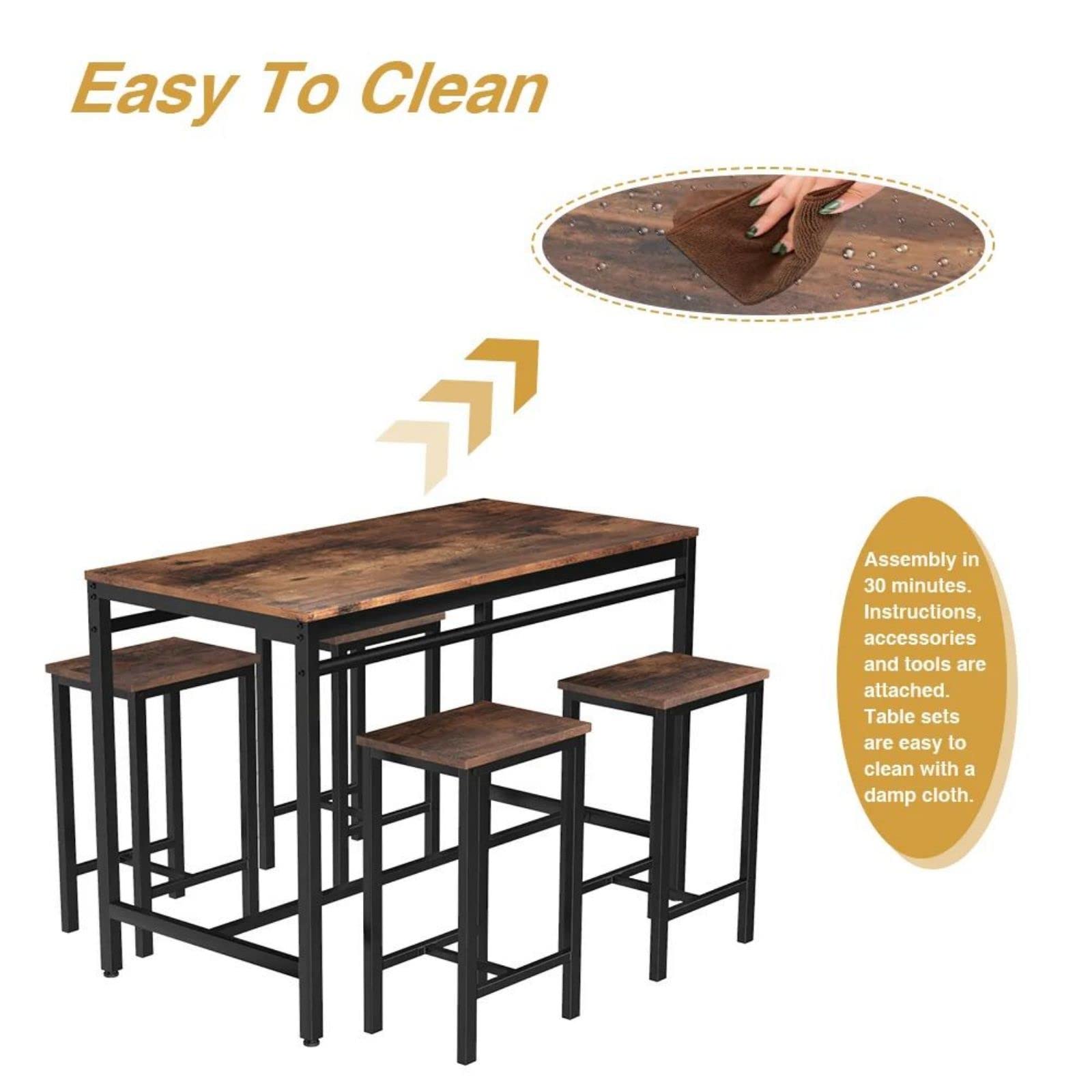 Modern 5-Piece Industrial Bar Height Dining Table Set for 4 - Kitchen & Pub Table with 4 Chairs - Space-Saving Breakfast Nook & Small Space Solution - Perfect for Apartments, Condos & Cozy Dining Areas
