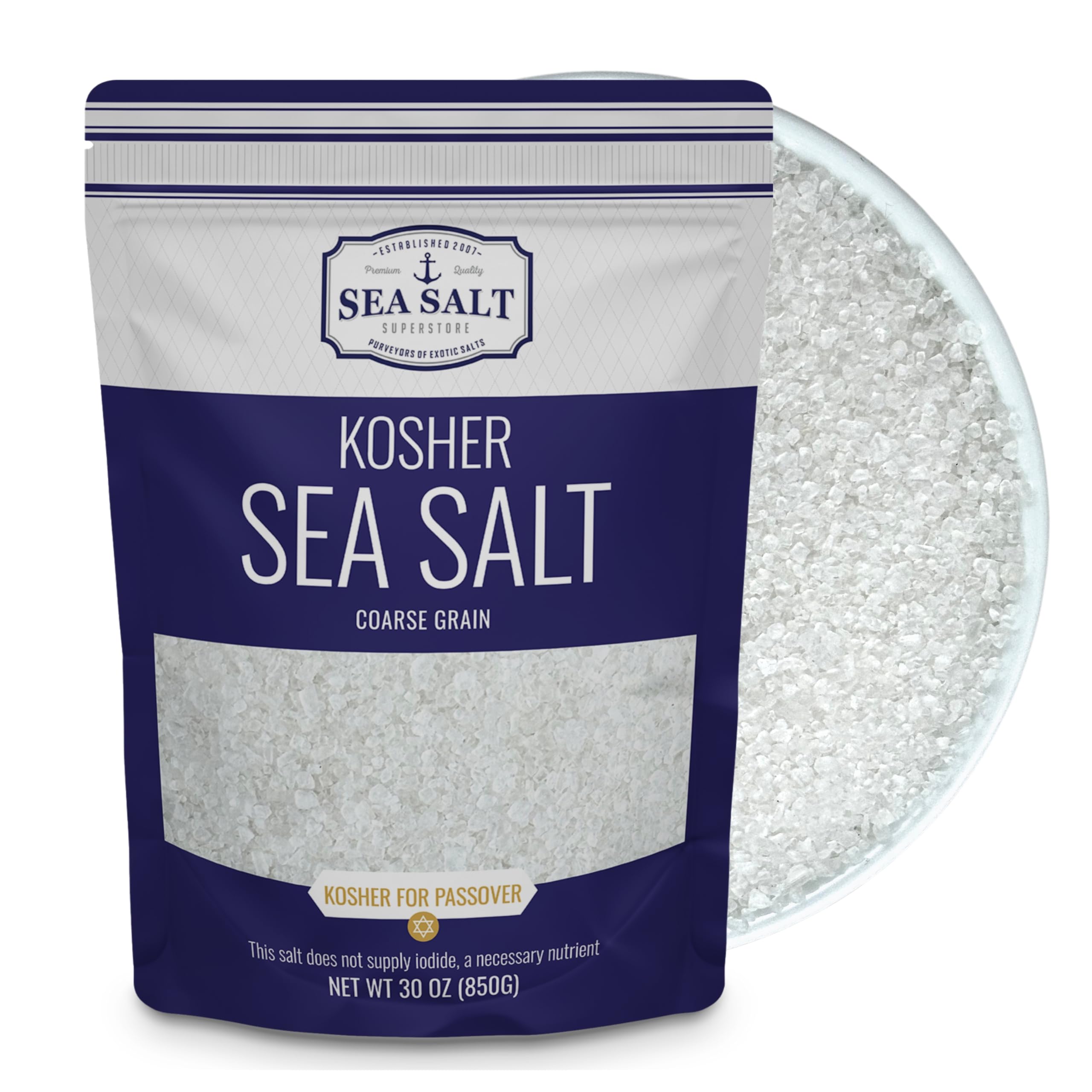 Premium Kosher Sea Salt - Coarse Grain, Non-Iodized & Natural - Perfect for Salt Grinders & Gourmet Cooking - 30 oz Resealable Bag - Ideal for Seasoning, Baking & Meat Curing - Sea Salt Superstore