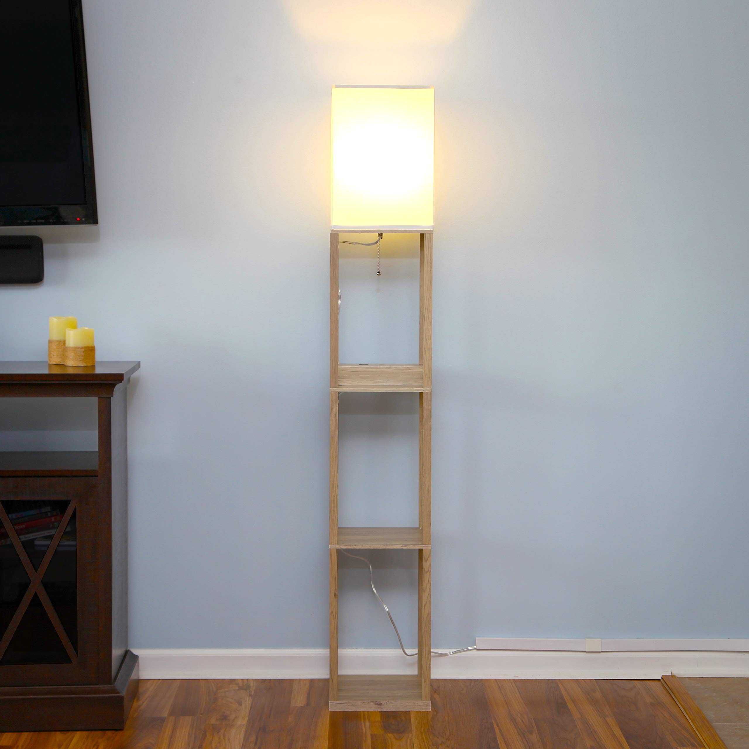Brightech Maxwell Modern Shelf Floor Lamp with USB Ports & Outlet - Rustic Wood Corner Display Lamp for Living Room, Bedroom, Office - Perfect for Reading, Charging Devices & Home Decor