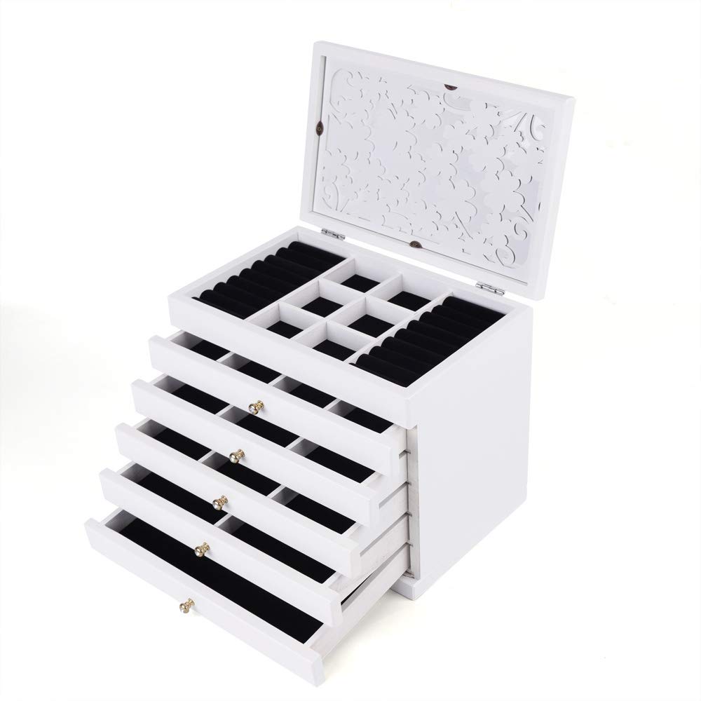 6-Layer Wooden Jewelry Storage Organizer with 5 Drawers - Large Jewelry Box for Women (White) | Perfect for Necklace, Ring & Earring Organization at Home, Travel & Gift Giving