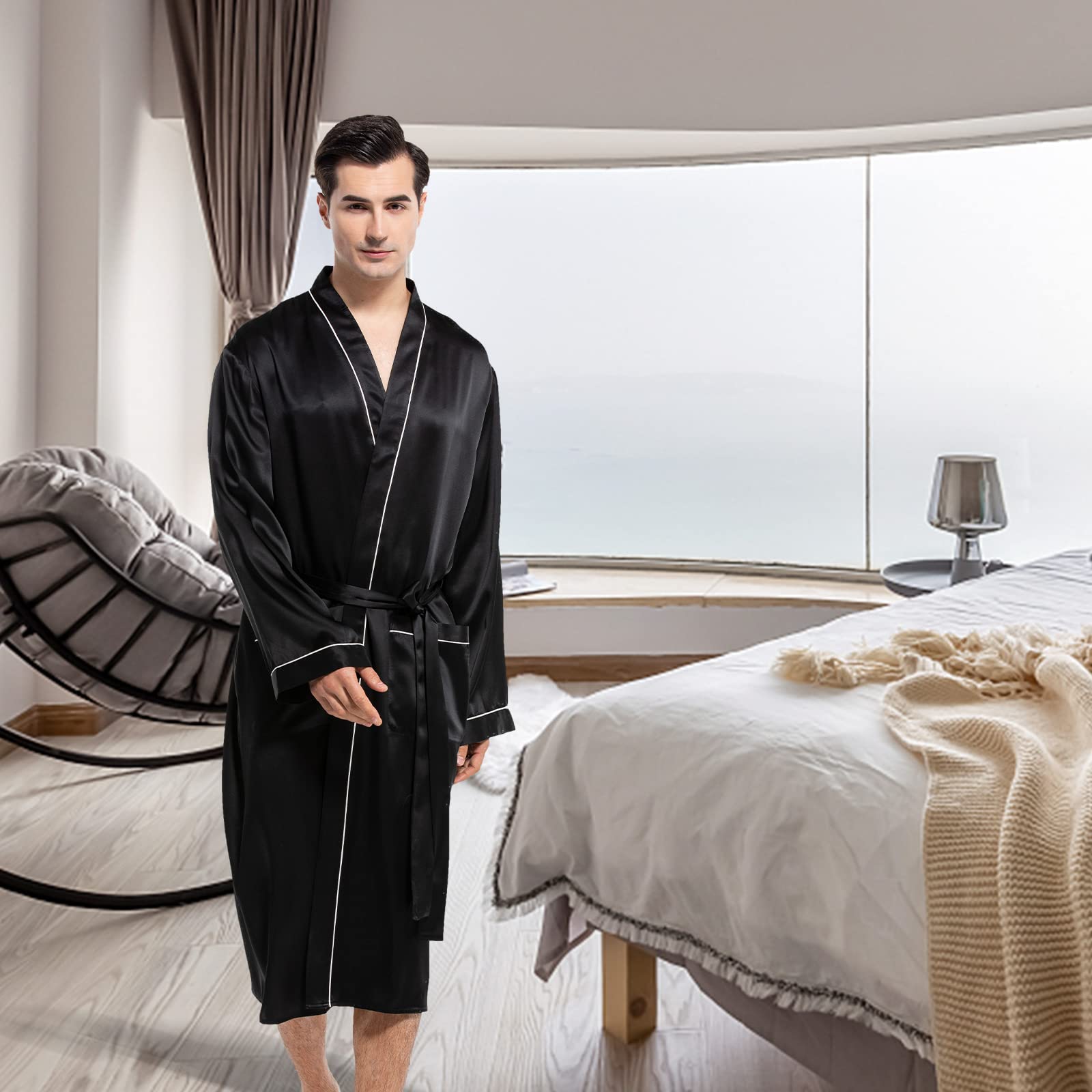Luxury Mulberry Silk Robe for Men - Lightweight Long Sleeve Bathrobe & Sleepwear - Premium 100% Real Silk Kimono - Perfect for Spa, Lounge & Home Relaxation