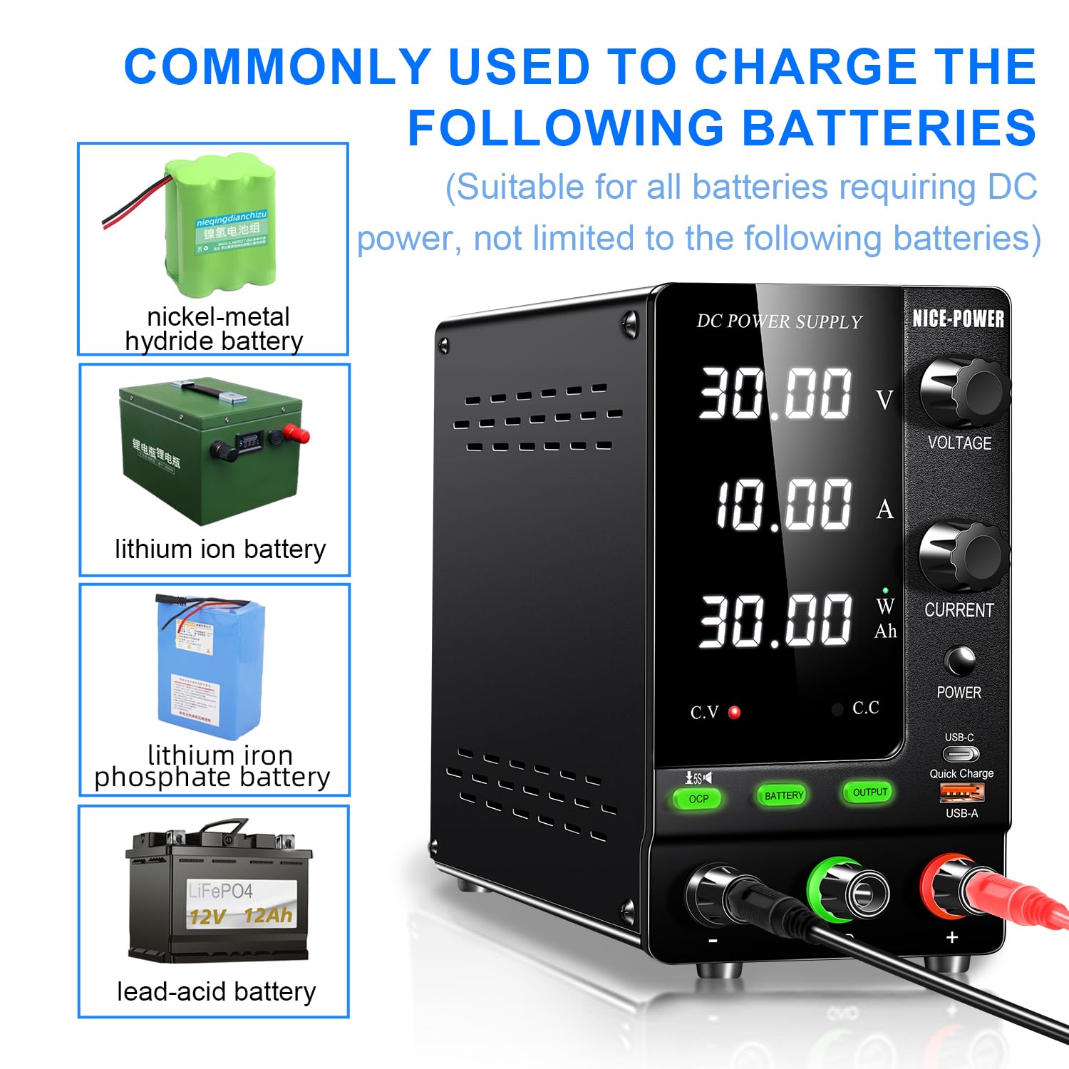 NICE-POWER 30V 10A 300W Adjustable DC Power Supply with Encoder - Variable 6V/12V/24V Output for LiFePO4 Lithium Ion Battery Charging, Lab Bench Power Supply with Quick Charge Port & OCP Protection - Perfect for Electronics Testing, DIY Projects, and Battery Maintenance