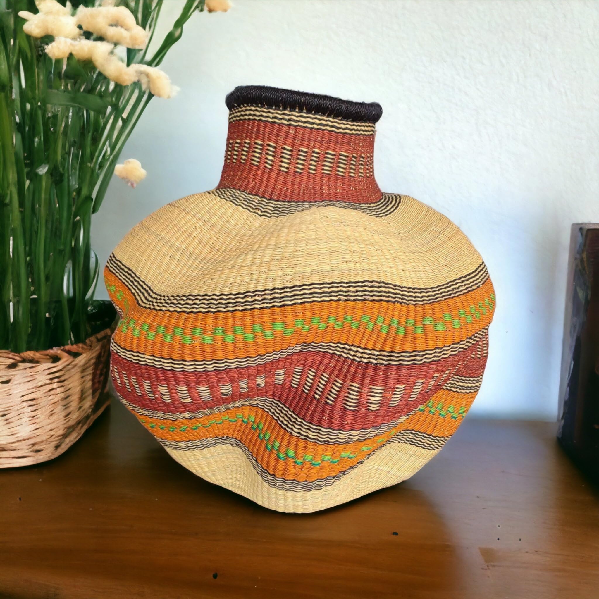 16x18 Inch Wicker Round Basket - African Rattan Storage Basket for Plants, Home Decor & Organizing - Medium Bolga Basket for Living Room, Bedroom, or Office