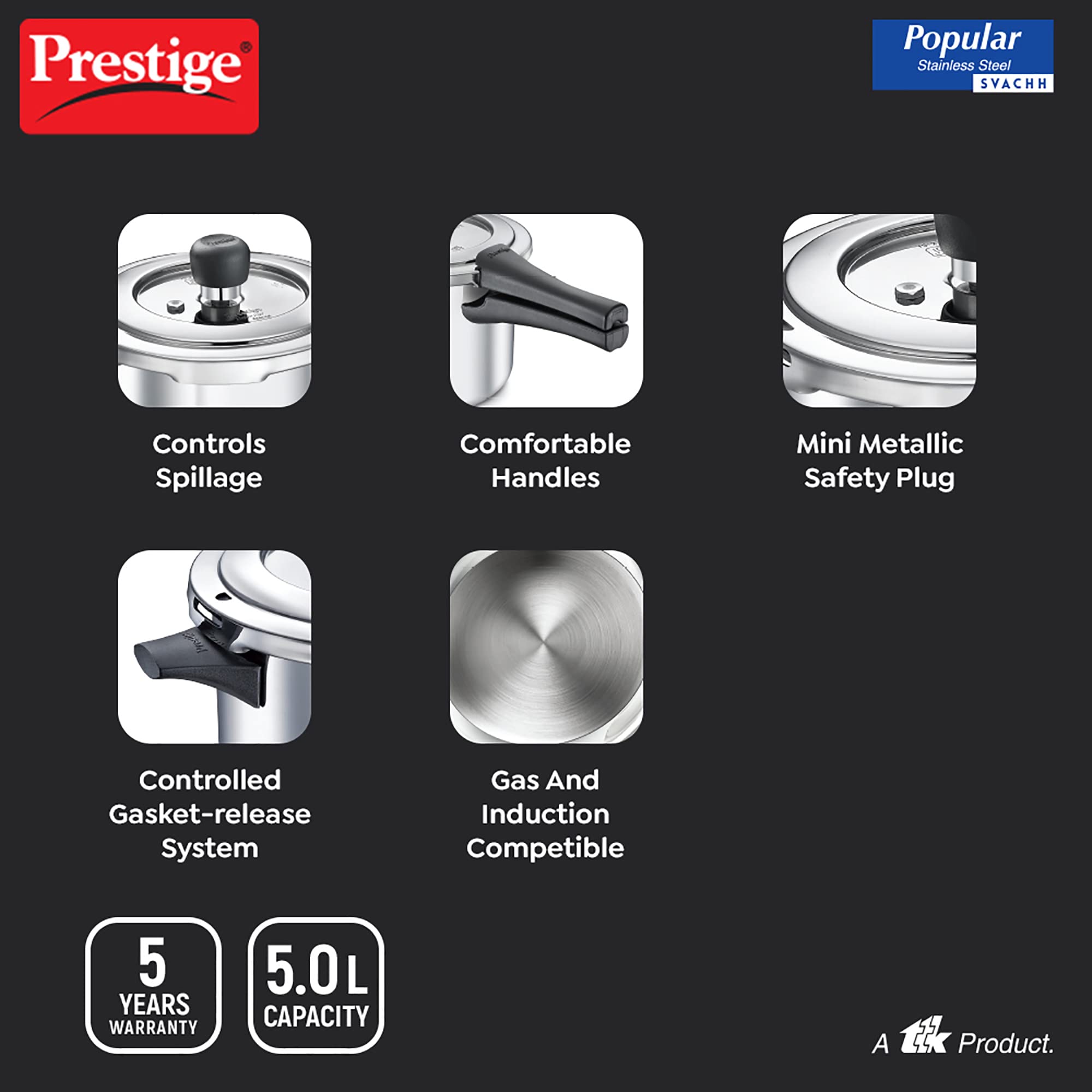 **Prestige Popular Svachh Spillage Control Stainless Steel Pressure Cooker with Outer Lid – 5L (Silver) – Ideal for Home Cooking, Meal Prep & Fast Pressure Cooking**