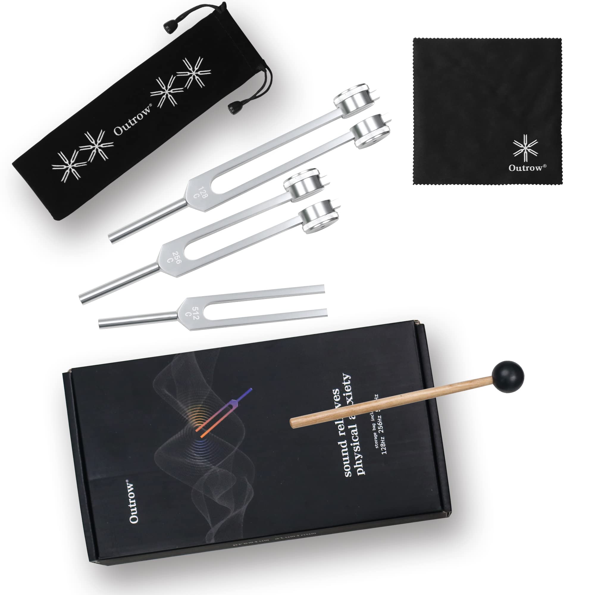 OUTROW Tuning Fork Set (128Hz, 256Hz, 512Hz) - Professional Chakra Healing Forks with Reflex Hammer for Sound Therapy, Meditation, Stress Relief & Holistic Wellness - Perfect for Yoga, Reiki & Energy Healing Sessions