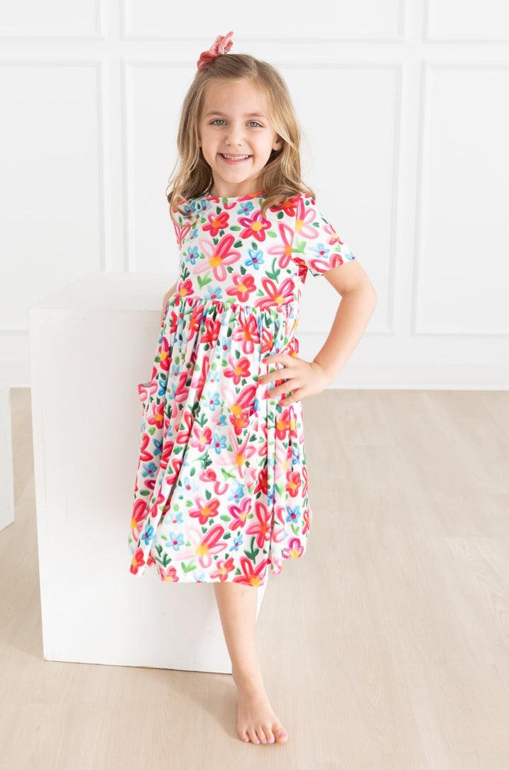 Neon Floral Short Sleeve Pocket Twirl Dress for Women - Perfect for Summer Parties, Beach Vacations & Casual Outings