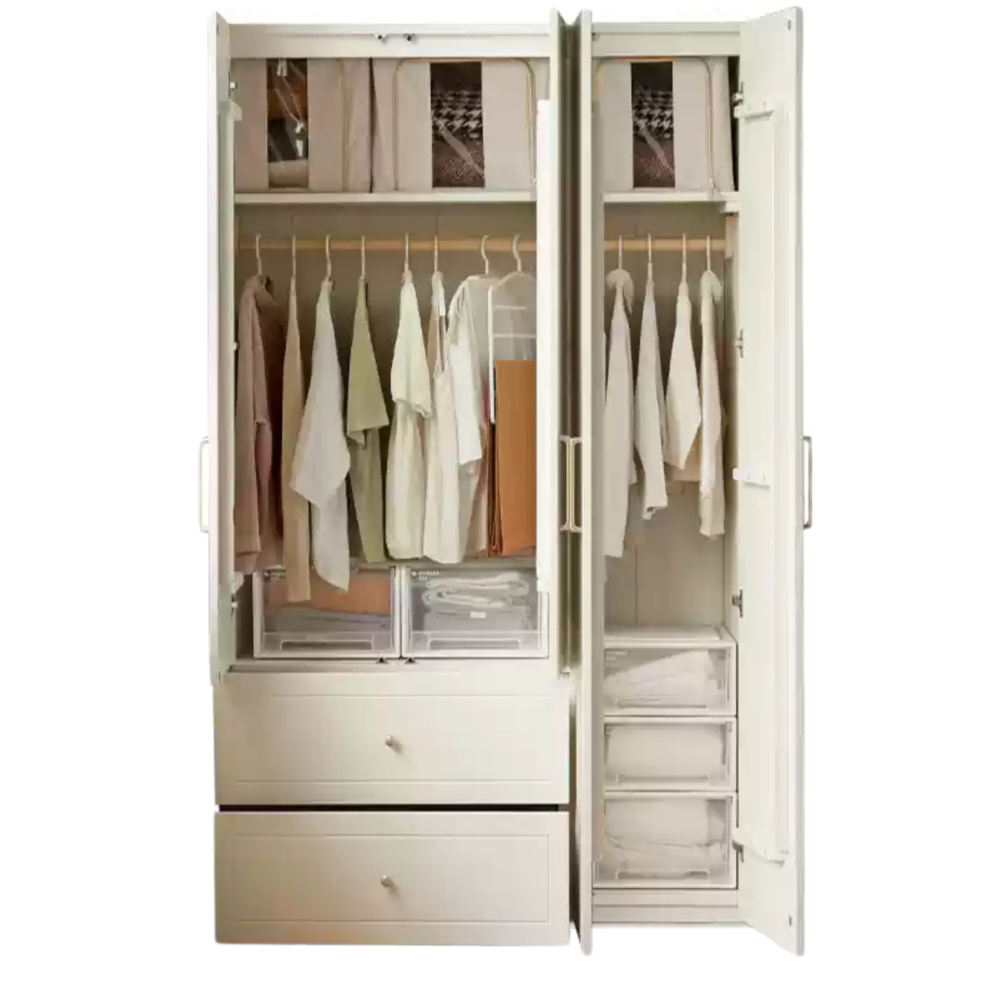 French Cream Pine Solid Wood Wardrobe - Elegant Vintage Closet for Bedroom, Living Room & Guest Room Storage