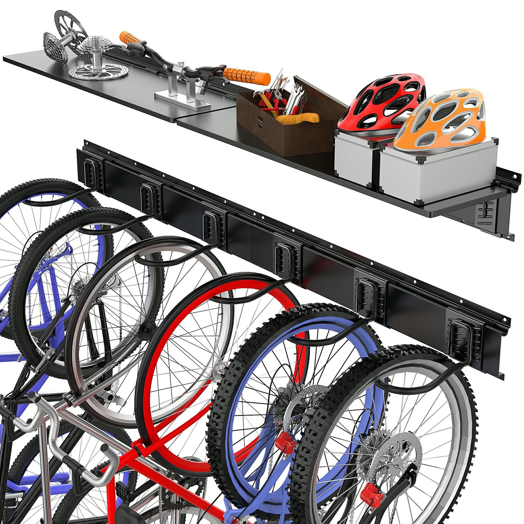 TORACK Heavy Duty Bike Storage Rack Wall Mount - 6 Bike Hanger Organizer with Shelf for Garage, Holds 600 lbs - Space Saving Solution for Cycling Gear & Home Organization (Perfect for Small Spaces & Bike Enthusiasts)