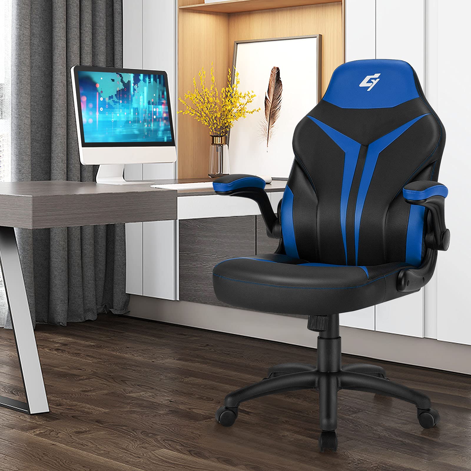 GYMAX Ergonomic High Back Office Chair - Adjustable Height Racing Style Gaming Chair with Padded Armrests, Comfortable Swivel Computer Task Chair for Home Office, Gaming & Theater Room (Blue) - Perfect for Long Work Sessions, Video Gaming & Home Entertainment