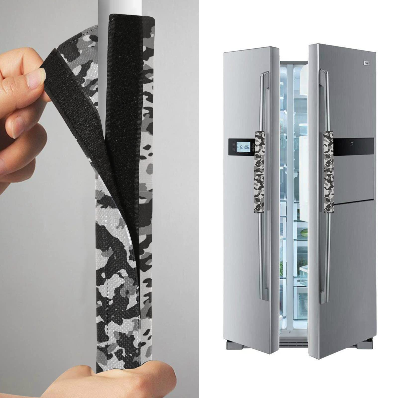 Camo Refrigerator Handle Cover - Anti-Skid Black Gray White Camouflage Pattern Kitchen Appliance Protector for Fridge & Oven - Prevents Fingerprints & Food Stains - Perfect for Modern Kitchens & Home Decor