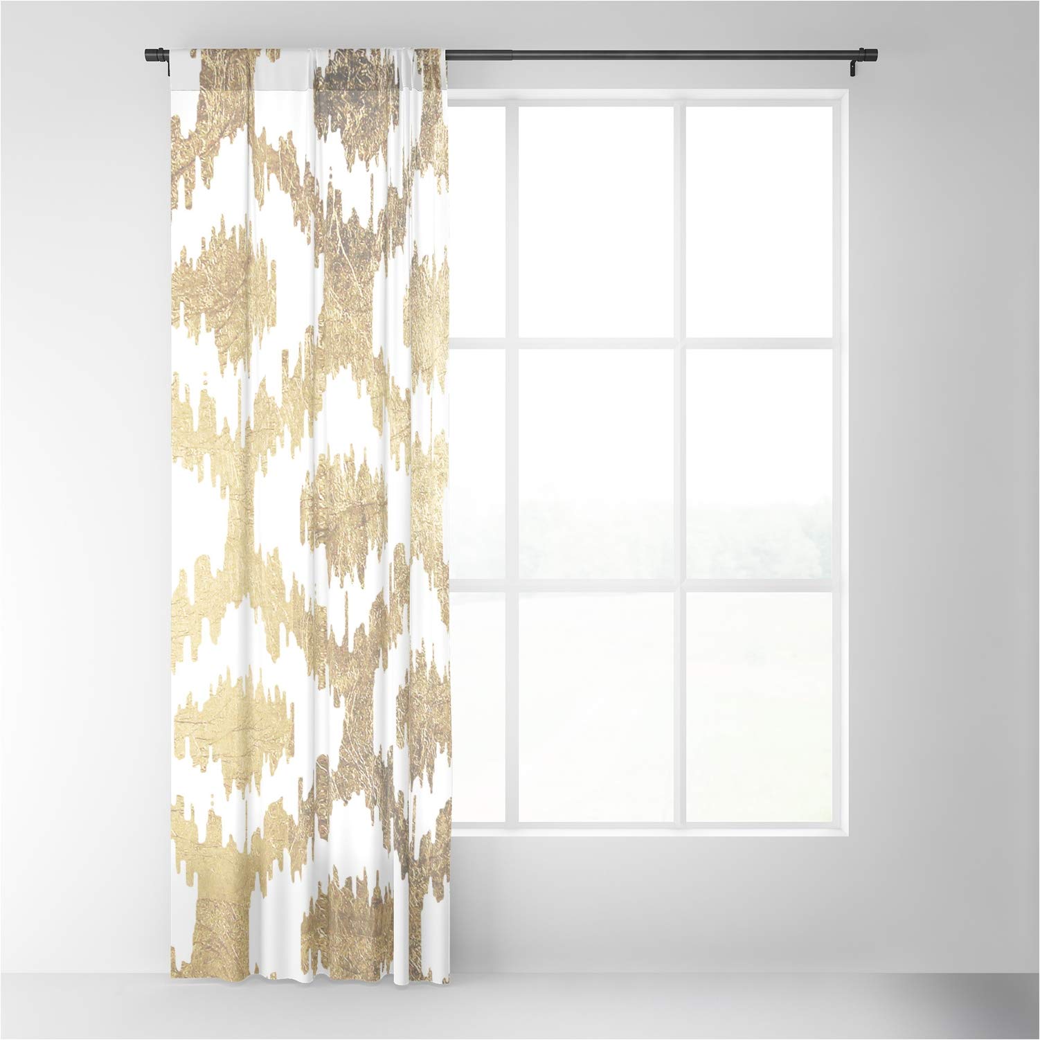 Modern White Hand Drawn Ikat Pattern Faux Gold Blackout Curtains - Pink Water Design for Living Room & Bedroom Window Treatments