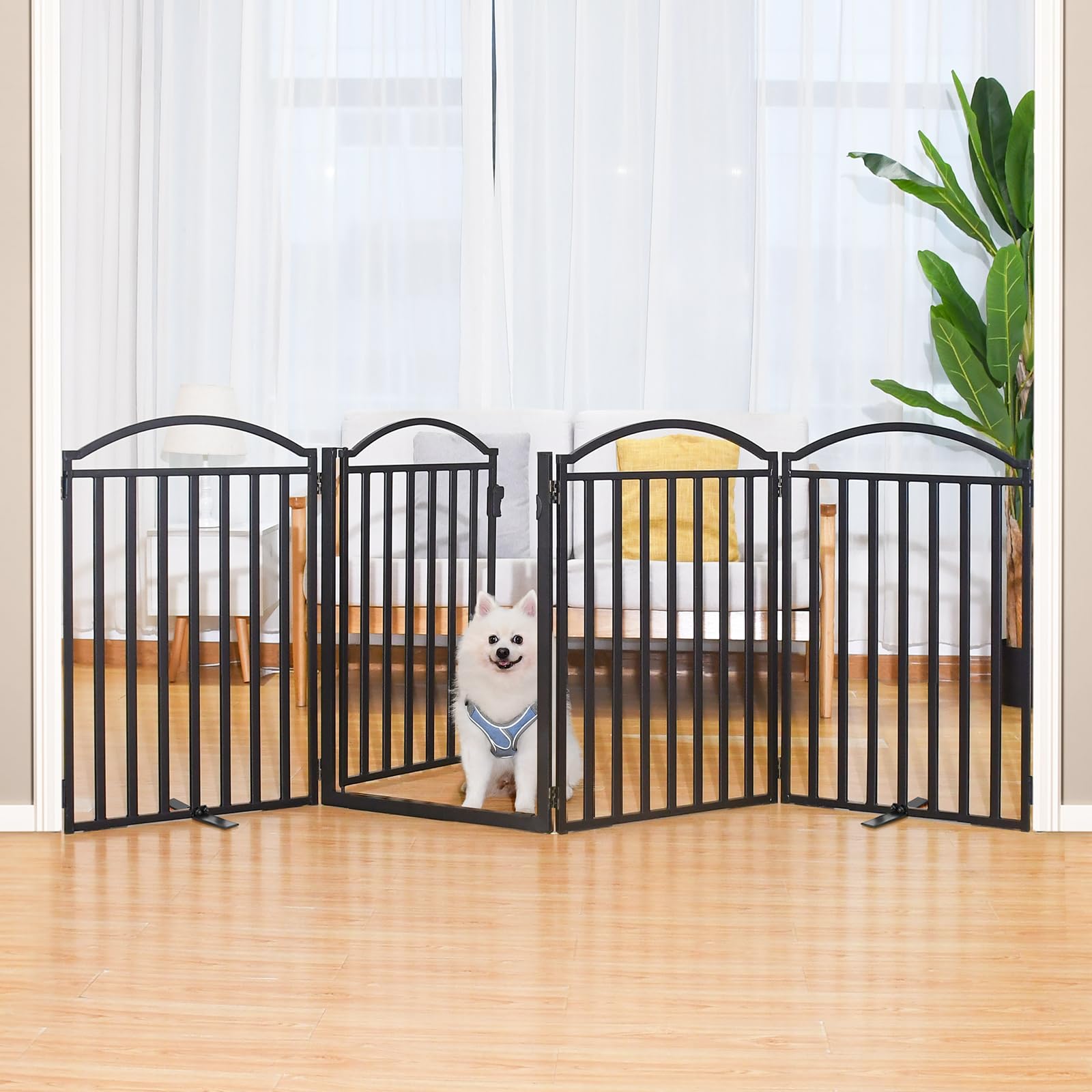 Malier 32'' Tall Freestanding Metal Dog Gate with Door - Extra Wide Foldable Indoor/Outdoor Pet Fence for Puppies - Ideal for Stairs, Hallways, Doorways, Yards & Home Security (Black, 4 Panels)