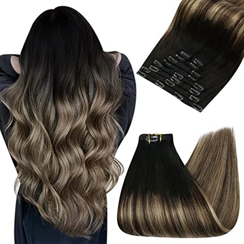 Ugeat 14 Inch Clip in Hair Extensions - Real Human Hair Balayage (Black to Blonde #1B/4/27) Double Weft 120g | Perfect for Parties, Weddings & Daily Styling