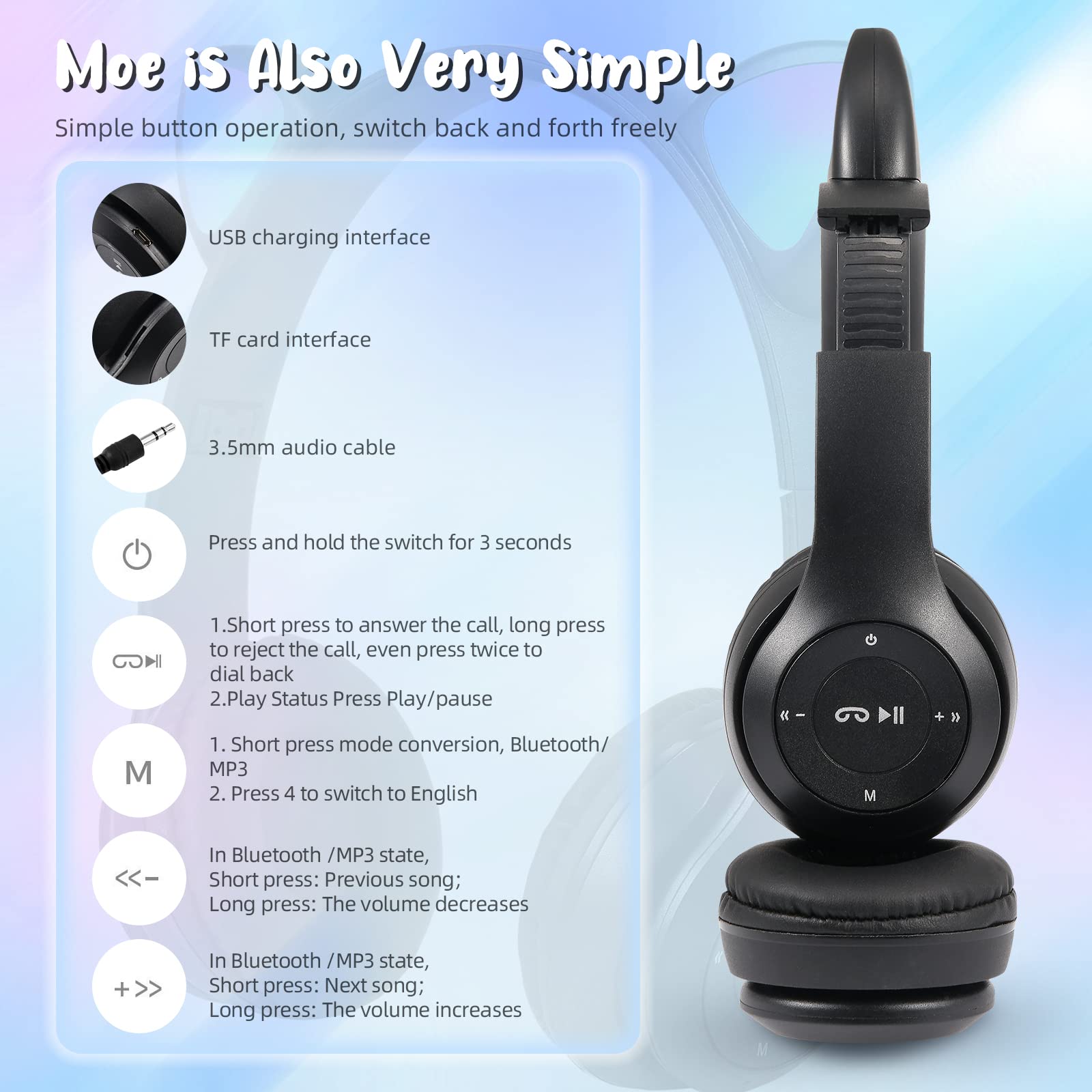 Bluetooth Wireless Kids Headphones with LED Cat Ears & Microphone - Over-Ear Stereo Headset for Children, TF Card/Wired Foldable Earphones - Perfect Gift for Boys & Girls Age 7+ (Black) - Ideal for School, Travel, and Home Use