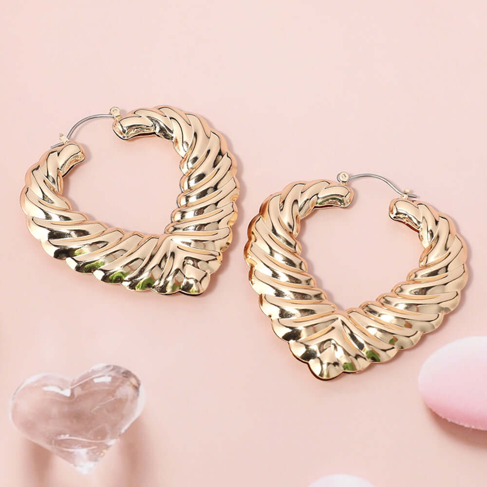 Gold Textured Metal Heart Hoop Pin Catch Earrings for Women - Trendy Valentine's Day Gift, Anniversary Jewelry & Everyday Fashion Accessory
