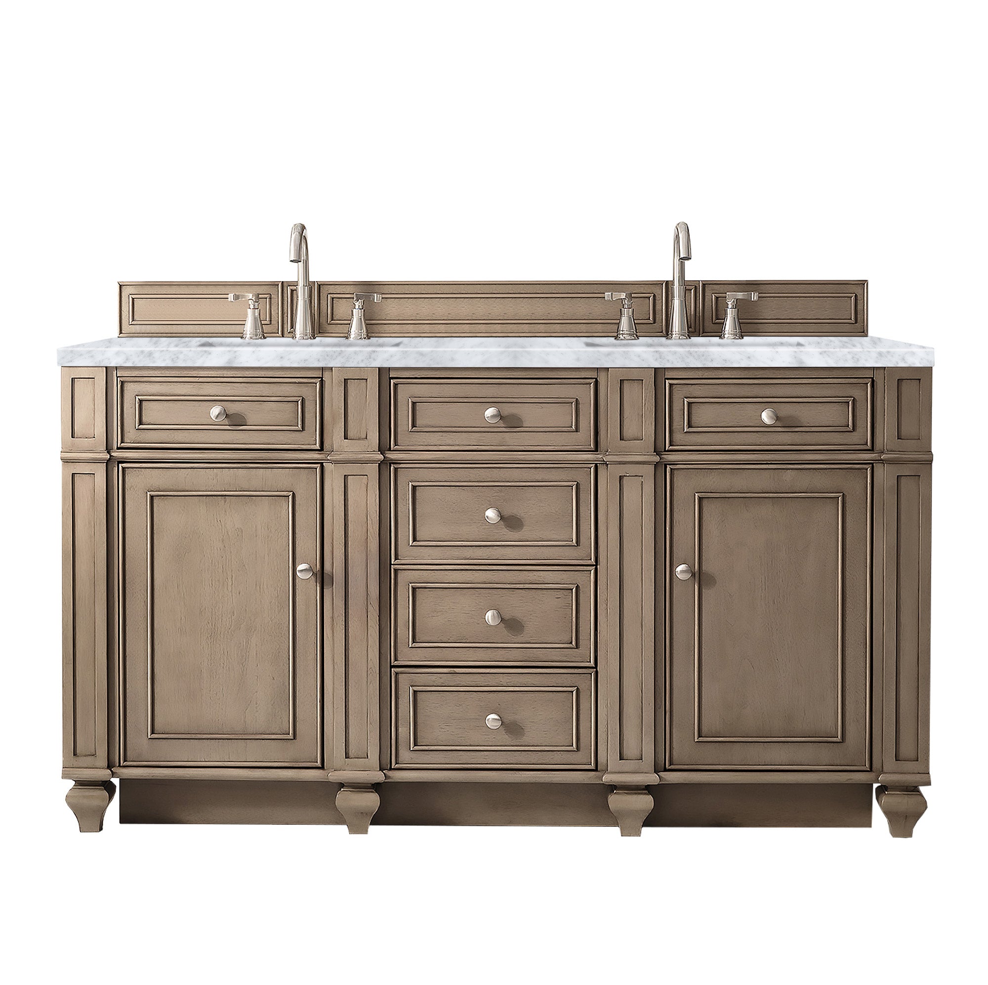 Bristol 60-Inch Double Bathroom Vanity in Whitewashed Walnut with 3CM Carrara Marble Top - Perfect for Master Bathroom Renovation and Modern Home Decor