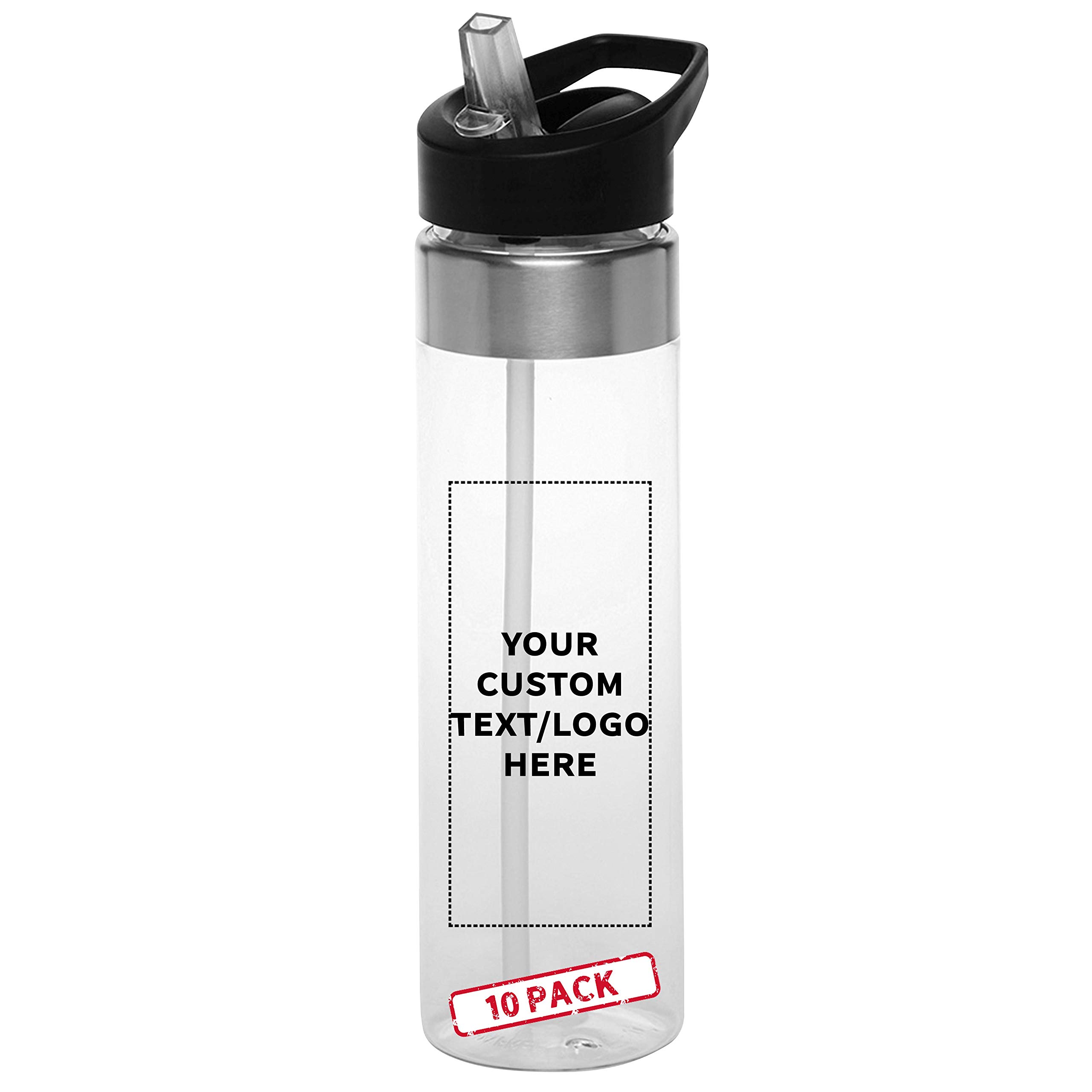 Custom 24 oz Plastic Water Bottle with Straw - 10 Pack BPA-Free Tritan Copolyester Bottles | Personalized Text, Flip Lid & Screw-On Cap | Slim Clear Design for Gym, Office & Outdoor Activities