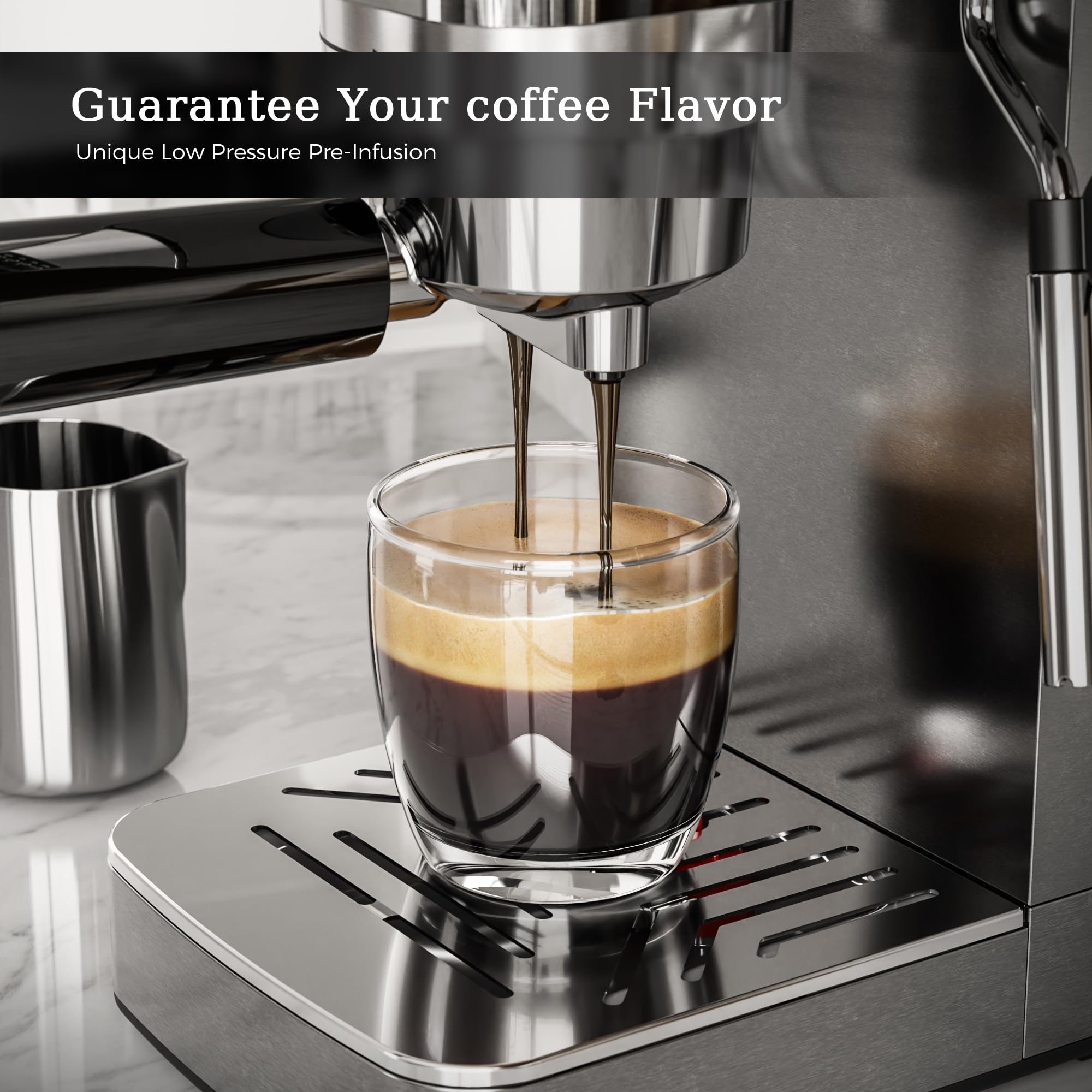 Kismile 20 Bar Espresso Machine with Milk Frother Steam Wand - Compact Cappuccino & Latte Maker for Home, 40oz Removable Water Tank, Stainless Steel - Perfect for Coffee Lovers & Small Kitchens