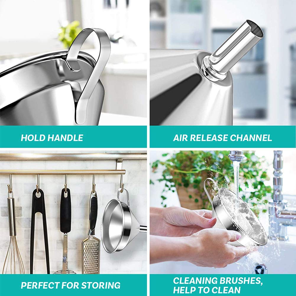 Premium Stainless Steel Funnel Set - 3-Piece Kitchen Strainer with Removable Filter for Liquids, Oils, Jams & Powders | Wide Mouth Canning Funnels for Cooking, Baking, Home Brewing & DIY Projects | Durable & Easy Clean