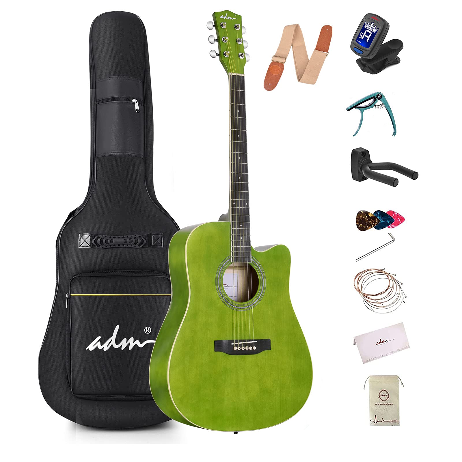 ADM 41 Inch Acoustic Guitar for Beginners - Full Size Cutaway Guitar with Free Lessons, Gig Bag, Tuner, Capo & Accessories - Perfect for Adults & Students (Green) | Ideal for Home Practice, Music Classes & Outdoor Performances