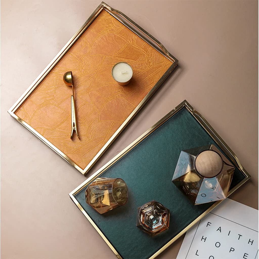 Premium Rectangular PU Leather Tray with Gold Metal Handles - Stylish Desktop Organizer & Serving Tray for Coffee, Jewelry, Keys - Perfect for Kitchen Counter, Living Room, Office & Bedroom Decor (Orange)