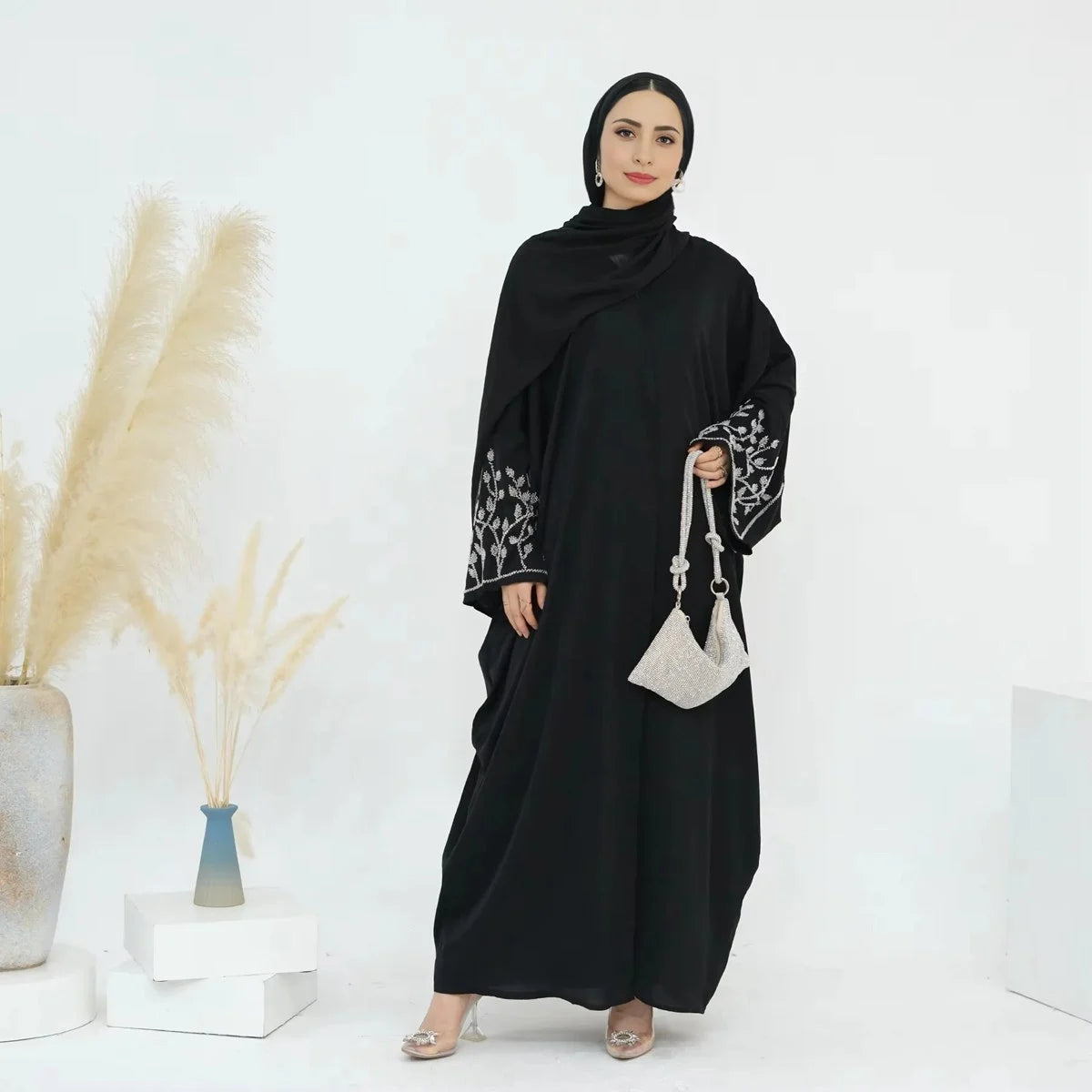 Elegant Beaded Cuff Cardigan Open Abaya Dress #24862 - Boho Chic Muslim Fashion for Women, Perfect for Prayer, Parties & Special Occasions