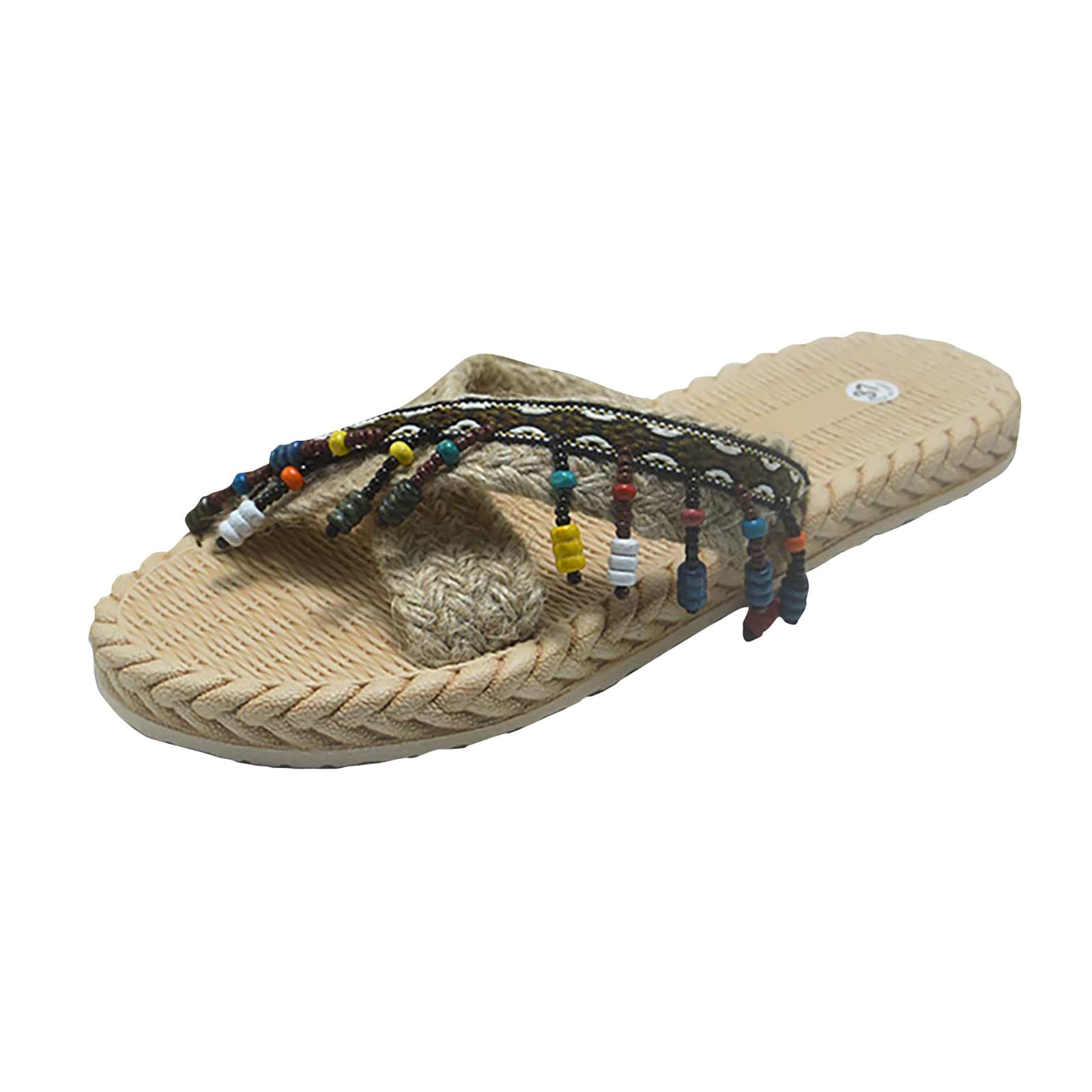 GOPU Women's Vintage Bohemian Ethnic Flax Linen Flip Flops - Indoor/Outdoor Comfortable Sandals for Beach, Home & Casual Wear (Brown, Size 6) | Perfect Summer Slippers for Relaxation & Vacation