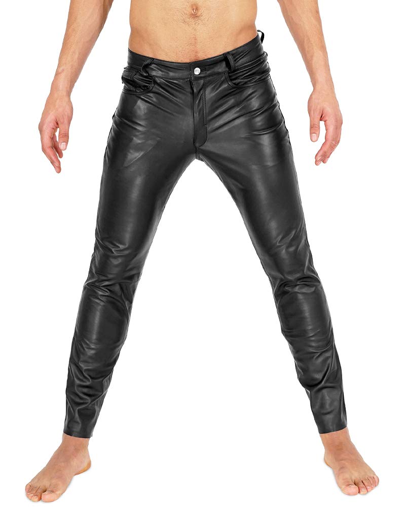 Bockle® Men's Slim Fit Aniline Leather Jeans with Zipper - Stylish Skinny Pants for Casual Wear & Night Out