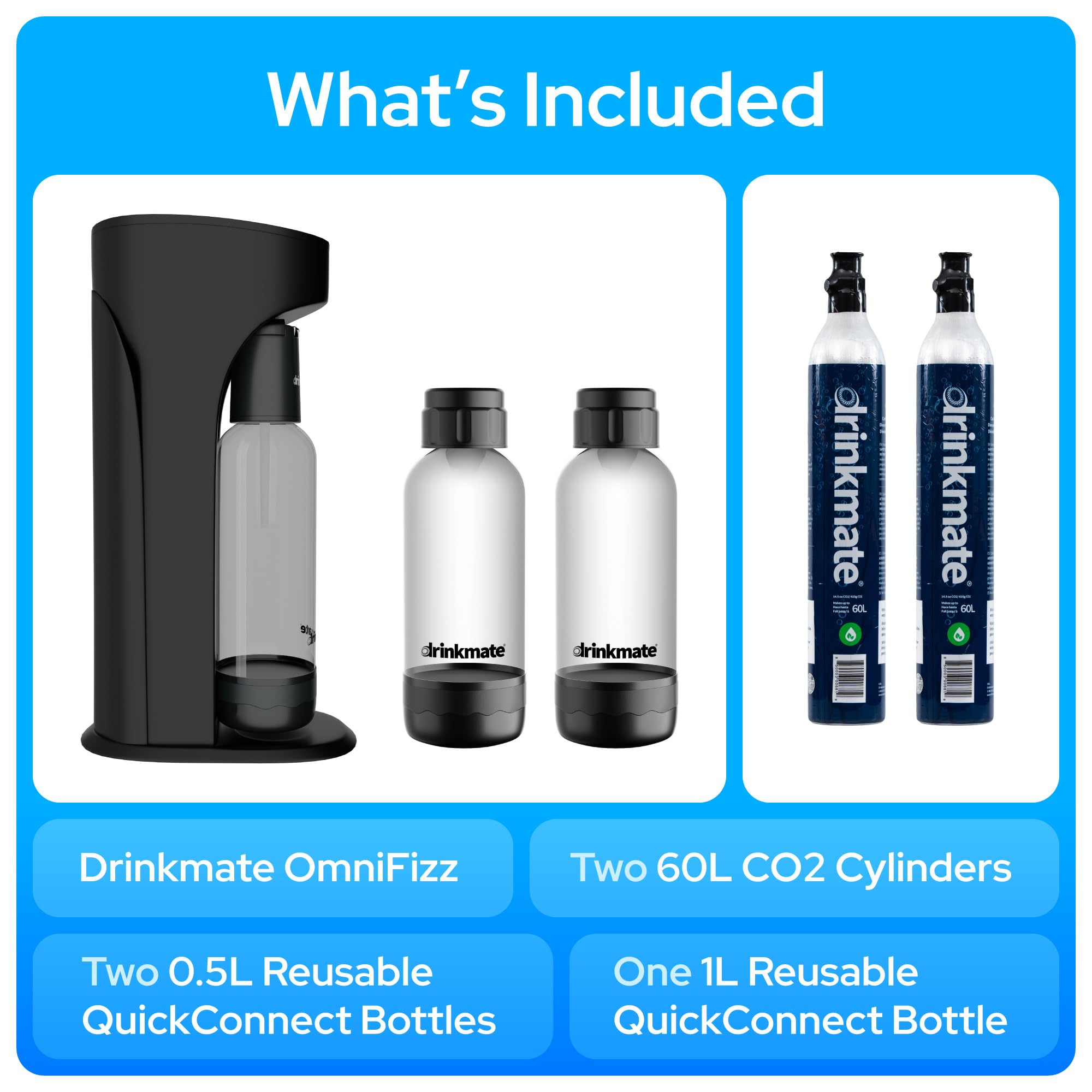 Drinkmate OmniFizz Sparkling Water and Soda Maker - Carbonate Any Beverage with Party Pack (Includes 2x60L CO2 Cylinders, 3 Carbonation Bottles & 2 Fizz Infusers) | Matte Black | Perfect for Home Bars, Parties & Healthy Hydration