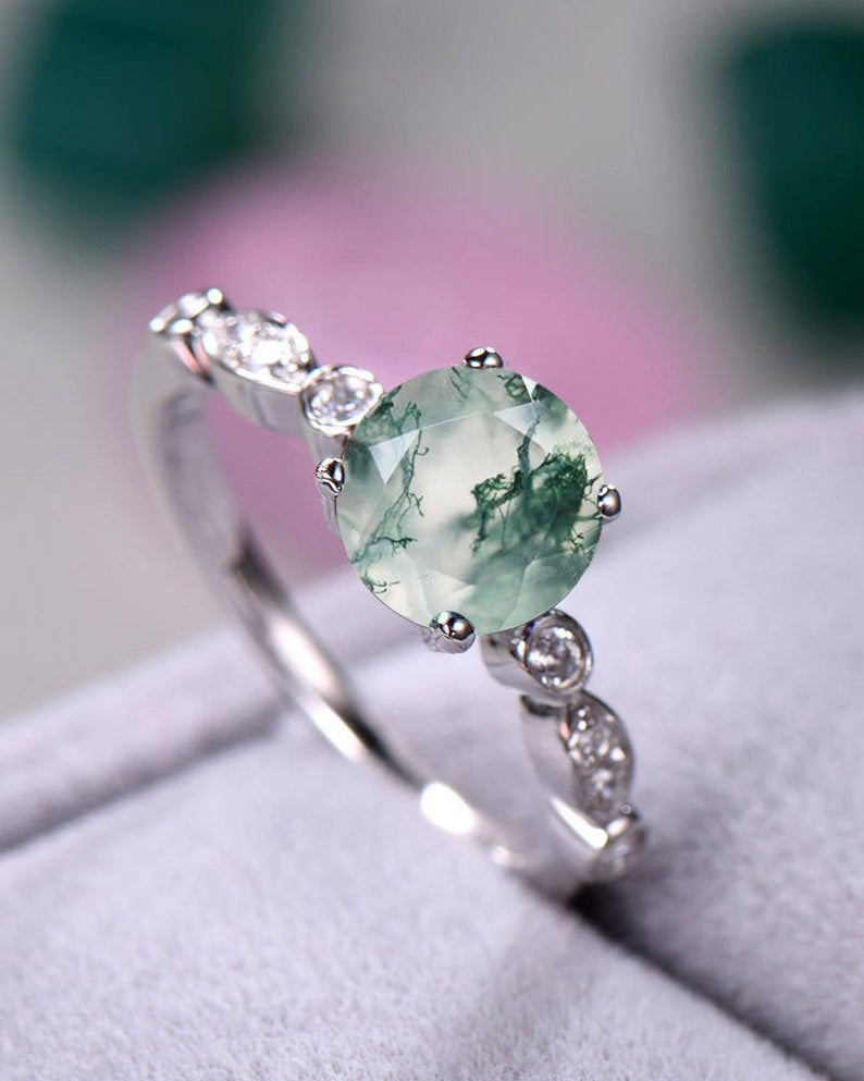 Exquisite Moss Agate & Diamond Solitaire Engagement Ring in 14K White Gold – Perfect for Proposals, Weddings & Anniversary Gifts