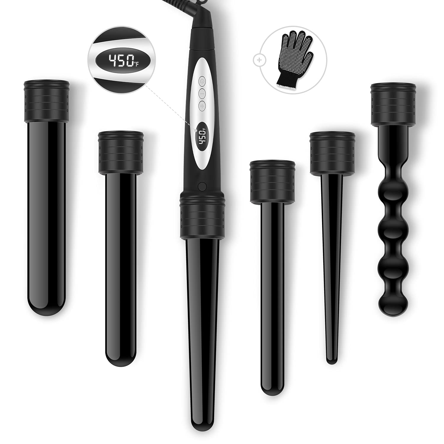 6-in-1 Interchangeable Curling Iron Wand Set with Temperature Display & Heat Settings - Includes Protective Glove for Salon-Quality Beach Waves, Wedding Hairstyles & Everyday Styling