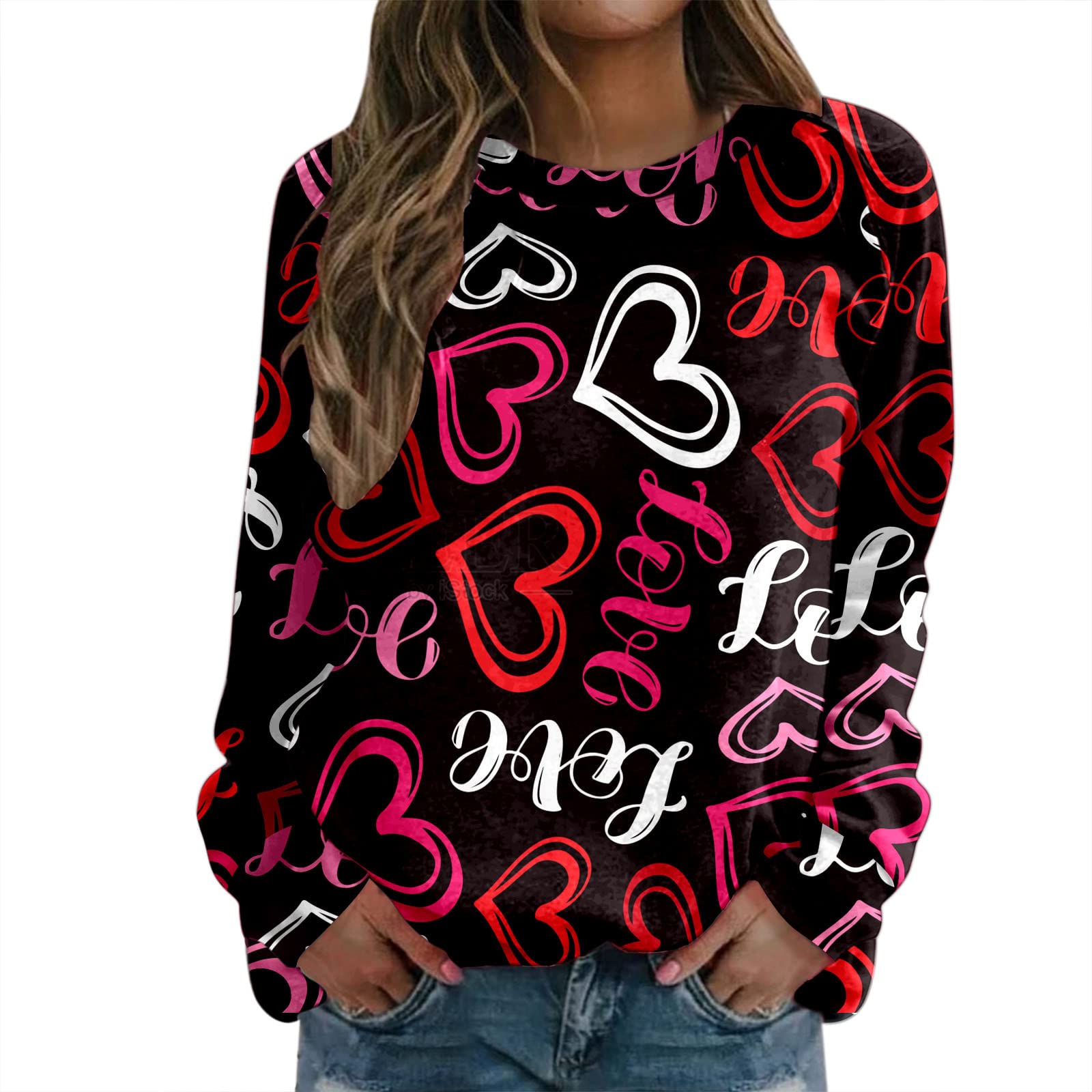 Valentine's Day Women's Love Crewneck Long-Sleeve Sweatshirt - Casual Pullover Top for Valentine Gifts, Date Night & Cozy Outfits