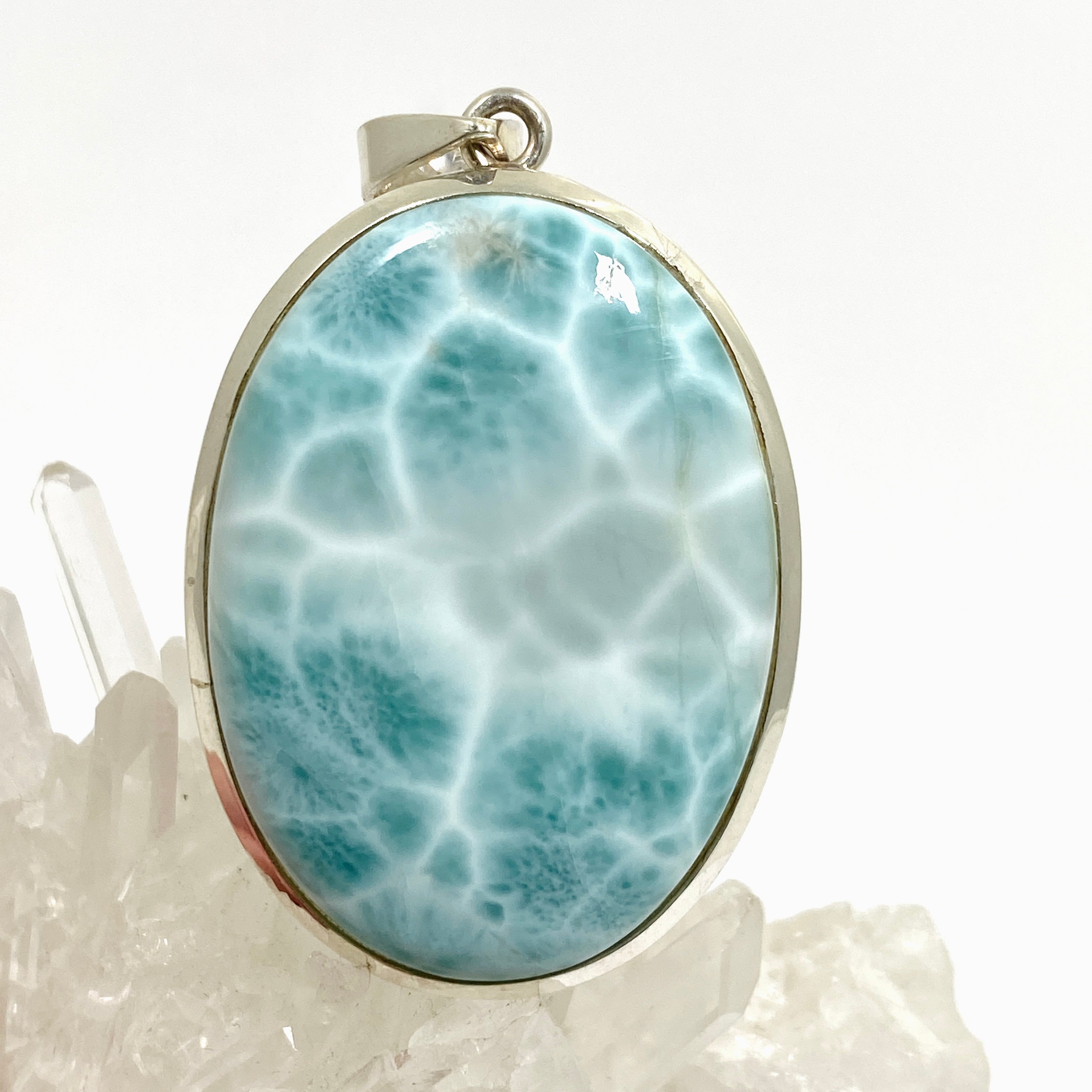 Natural Larimar Oval Cabochon Pendant - 925 Sterling Silver Jewelry for Women - Perfect for Beach Vacations & Boho Fashion