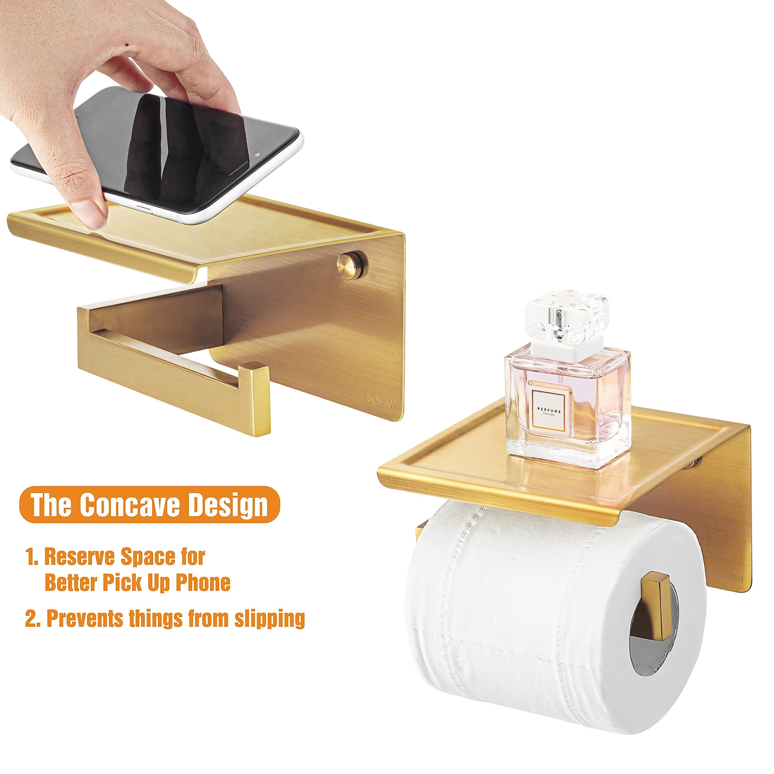 HITSLAM Gold Toilet Paper Holder - Brushed Brass Adhesive Wall-Mounted Bathroom Tissue Holder with Shelf - No Drilling Required, Easy Installation for Small Bathrooms, Apartments and RVs
